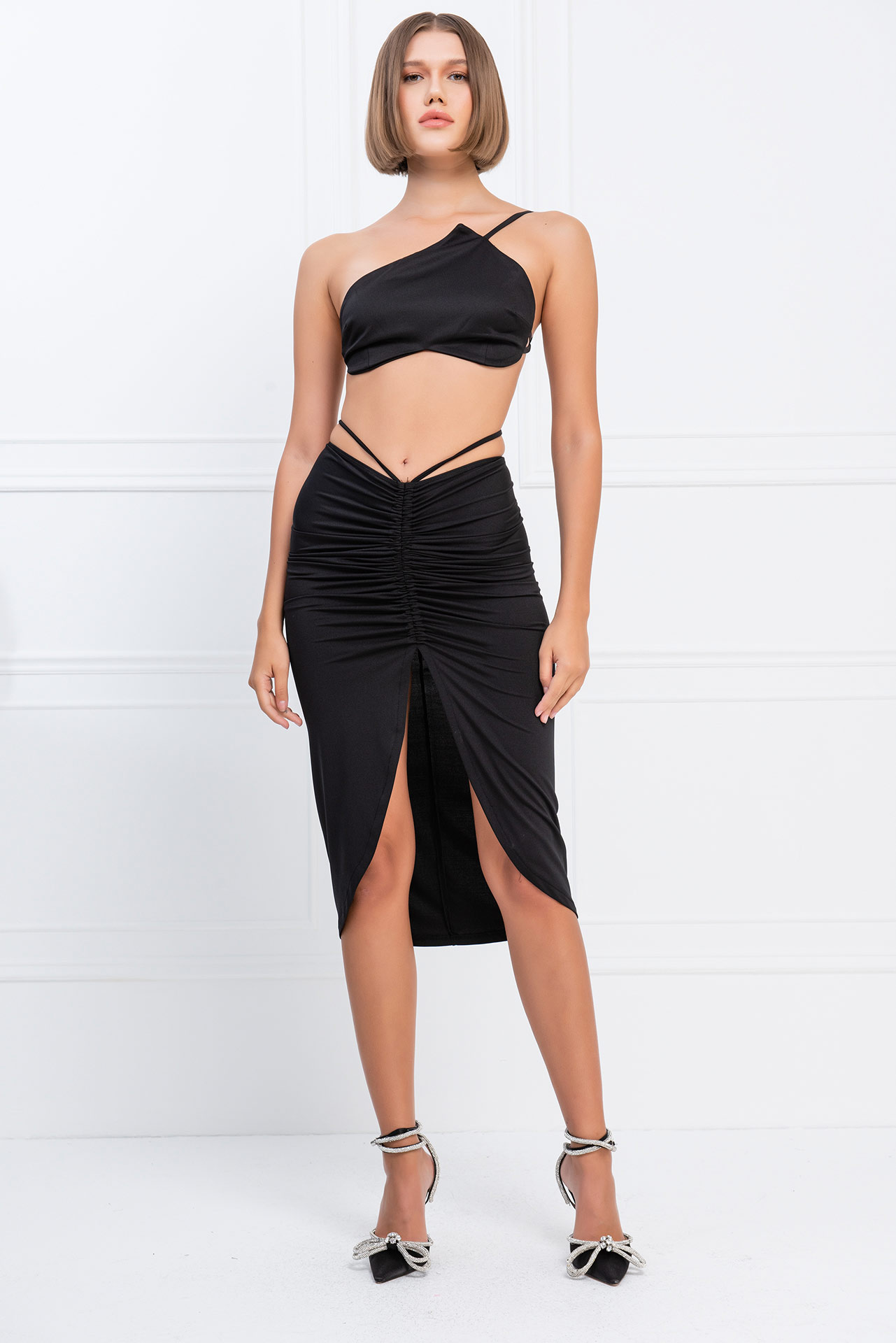 черный Split-Front Ruched Skirt