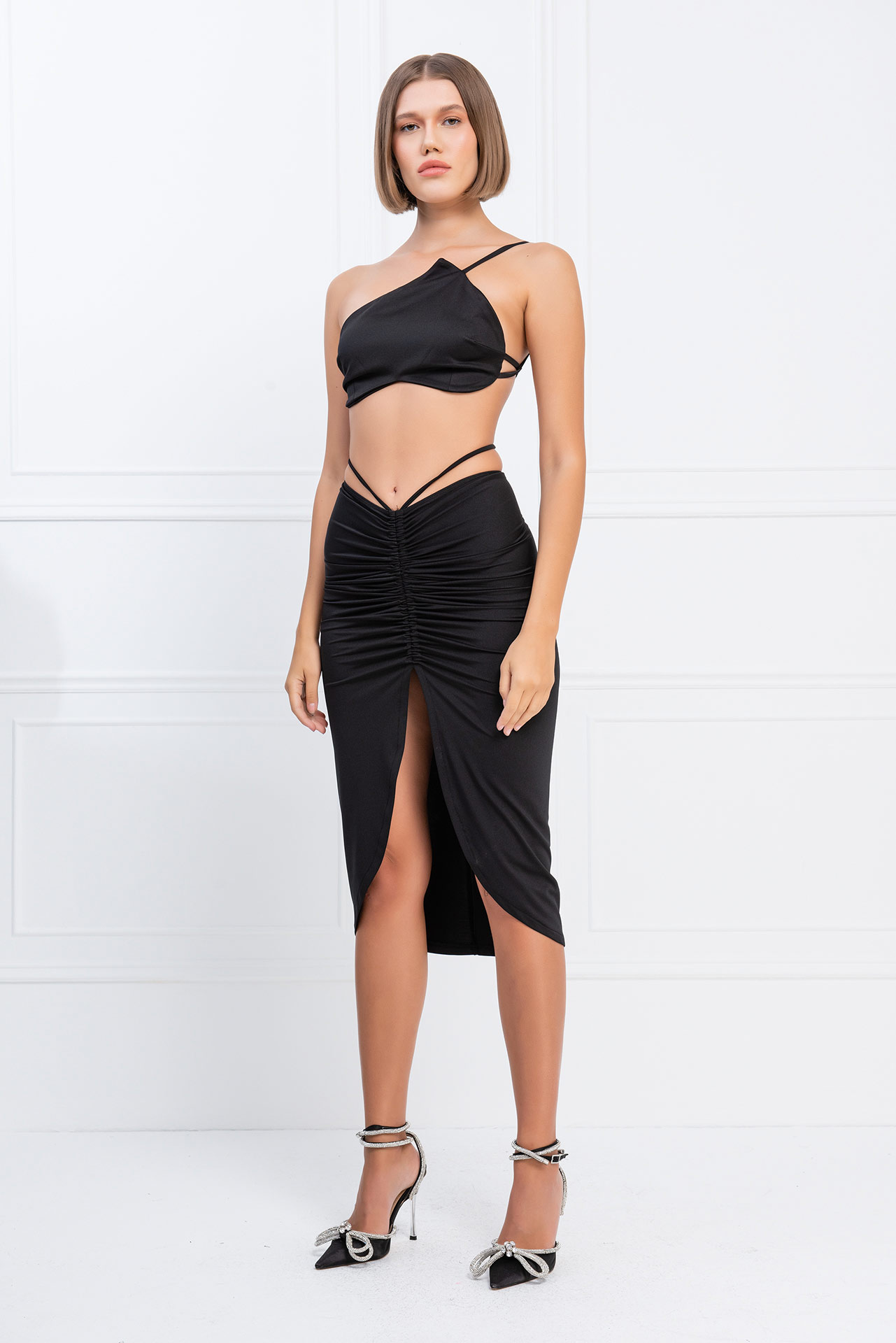 Wholesale Black Split-Front Ruched Skirt