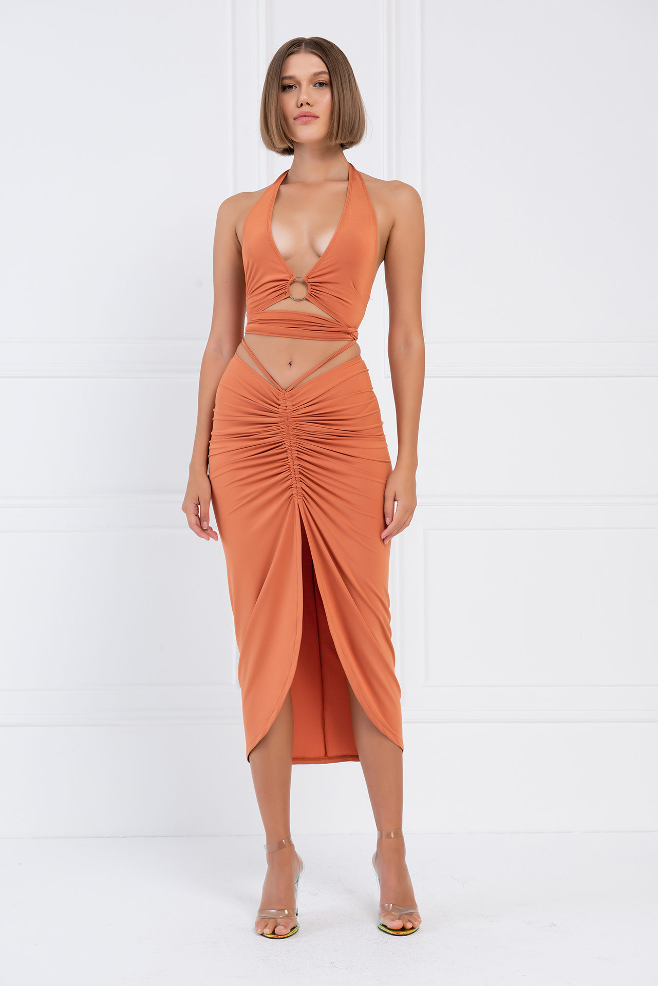 Wholesale Ochre Split-Front Ruched Skirt