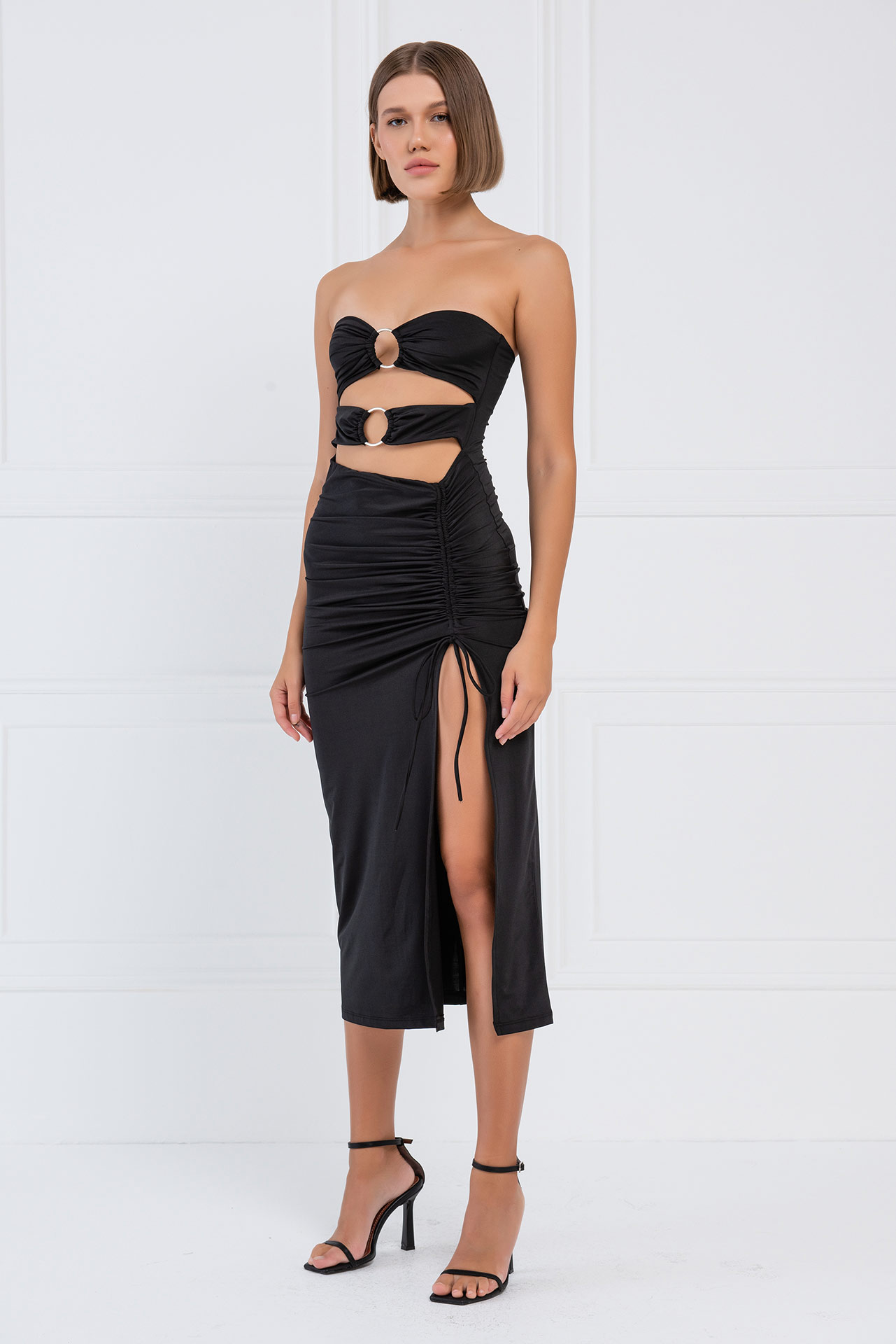 Black O-Ring Ruched Tube Dress