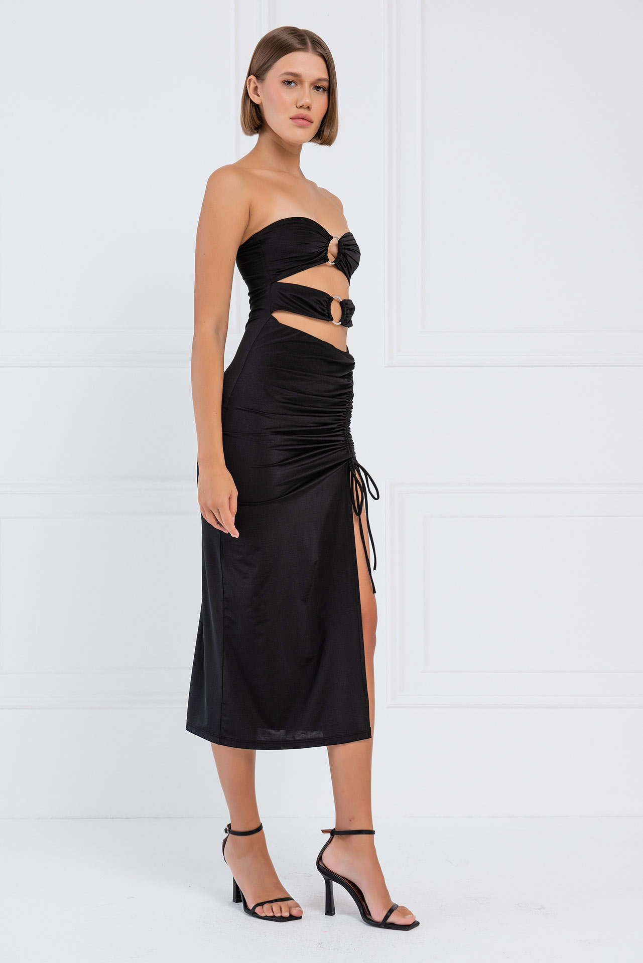 Black O-Ring Ruched Tube Dress