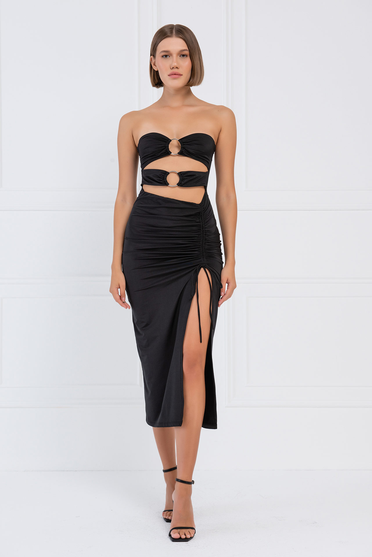 Black O-Ring Ruched Tube Dress