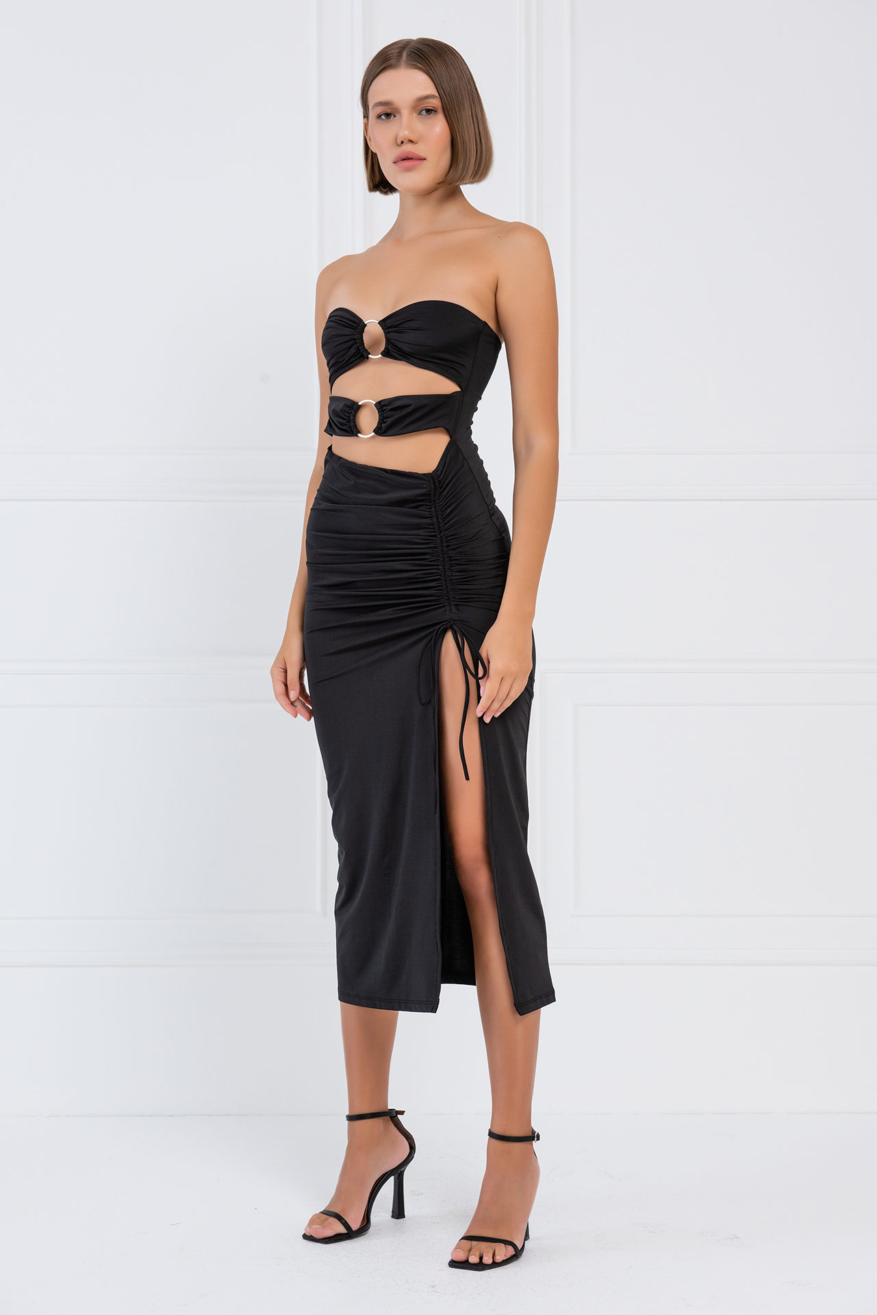 Black O-Ring Ruched Tube Dress