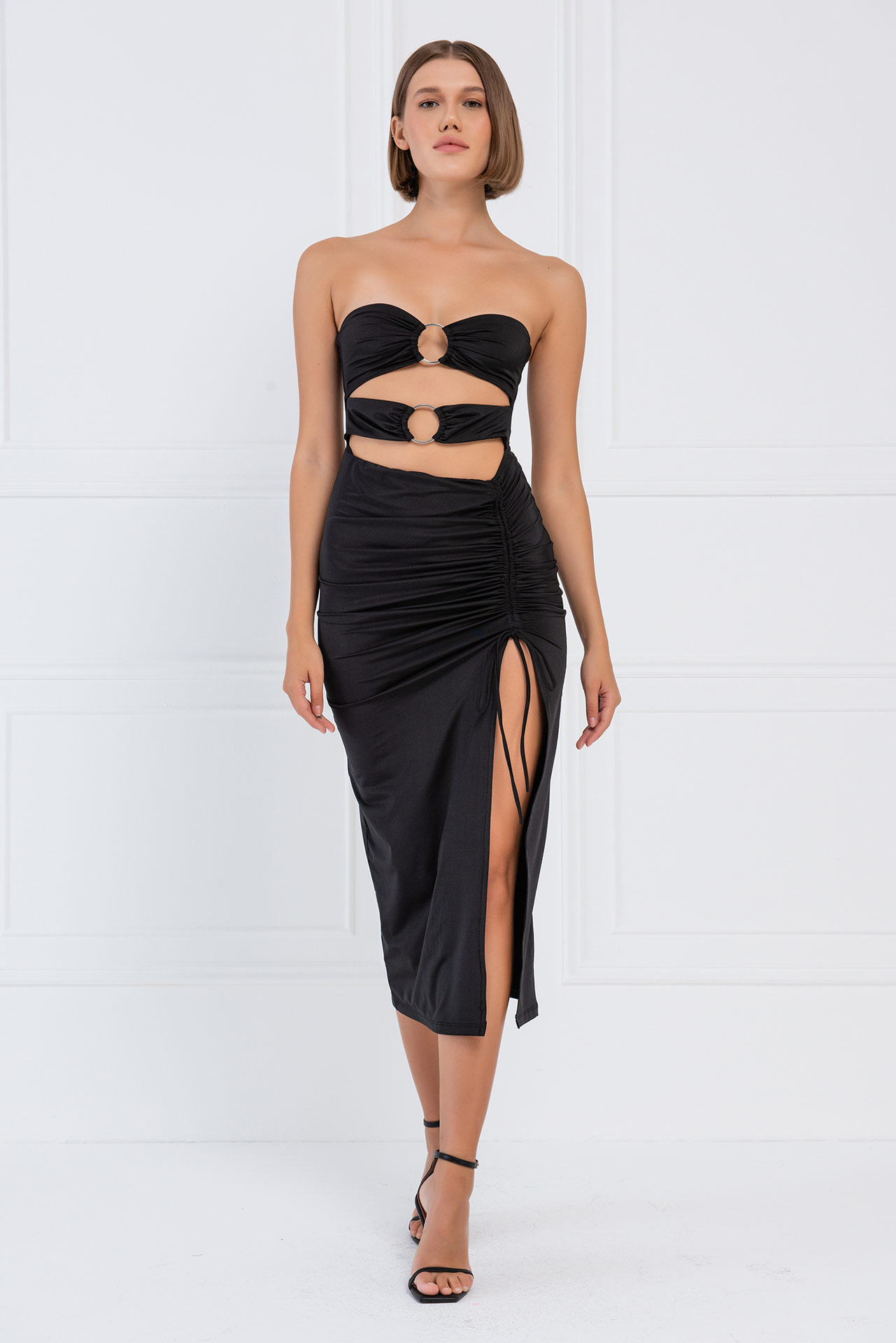 Black O-Ring Ruched Tube Dress