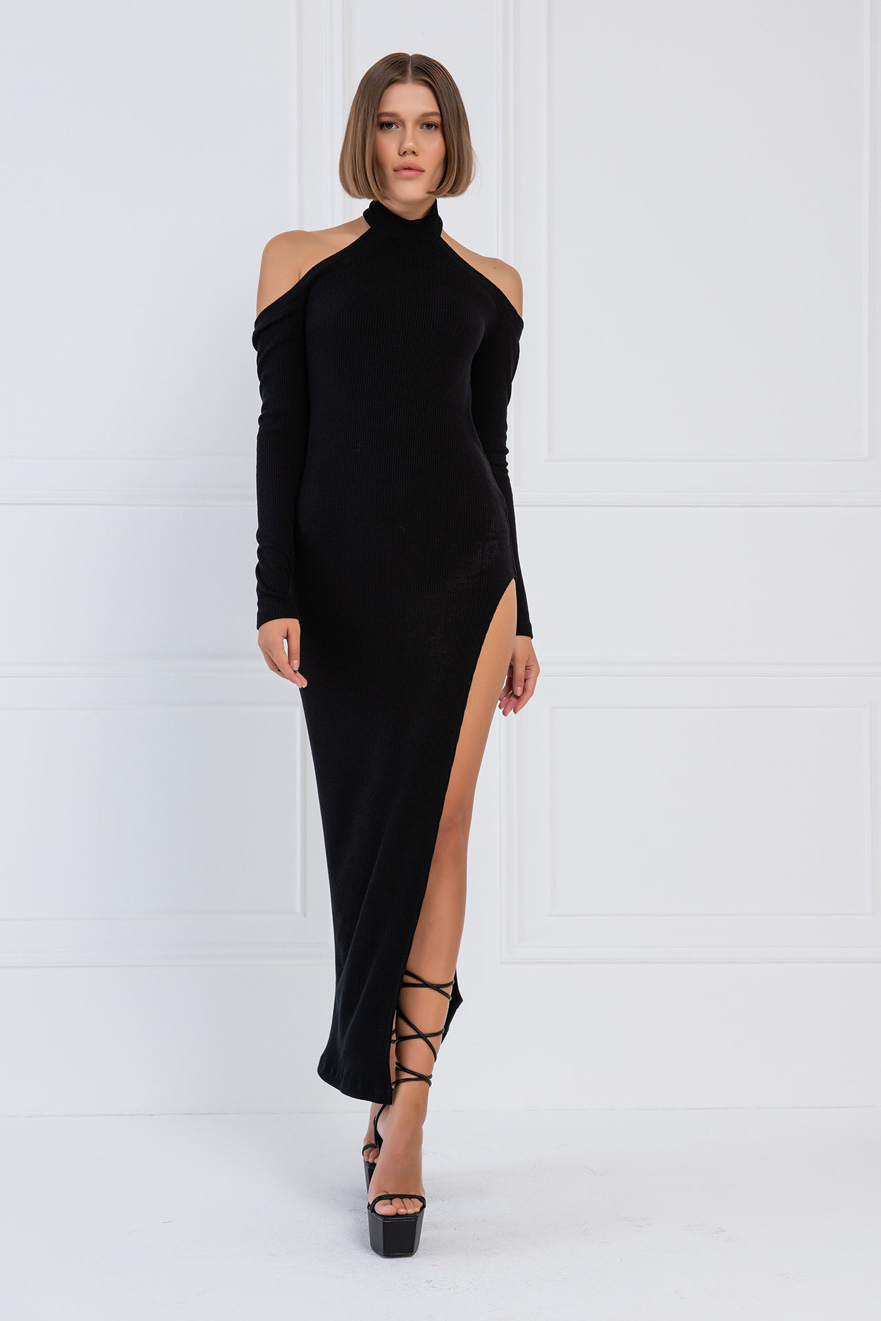 Black Cut Out Shoulder Split-Side Maxi Dress