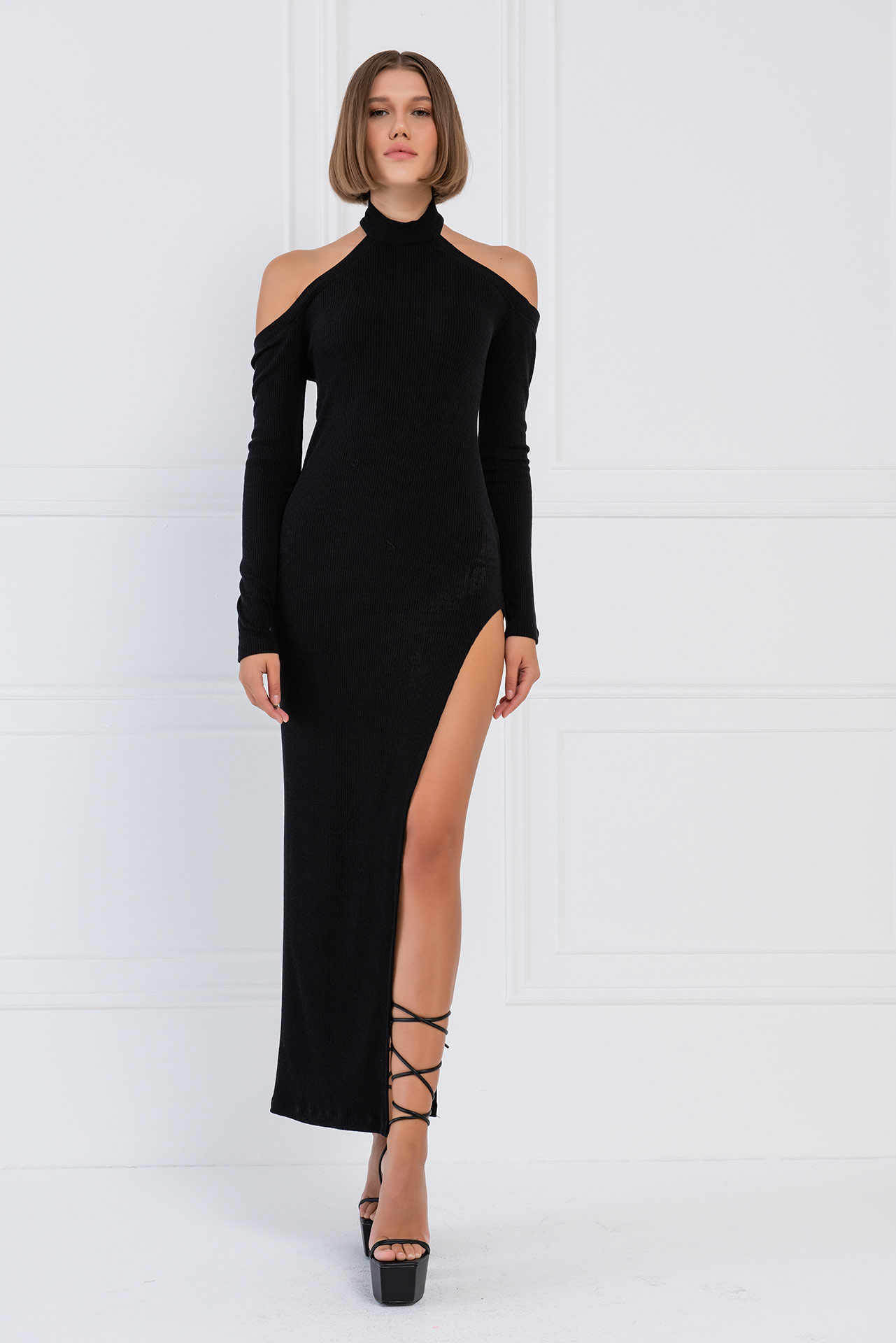 черный Cut Out Shoulder Split-Side Maxi Dress
