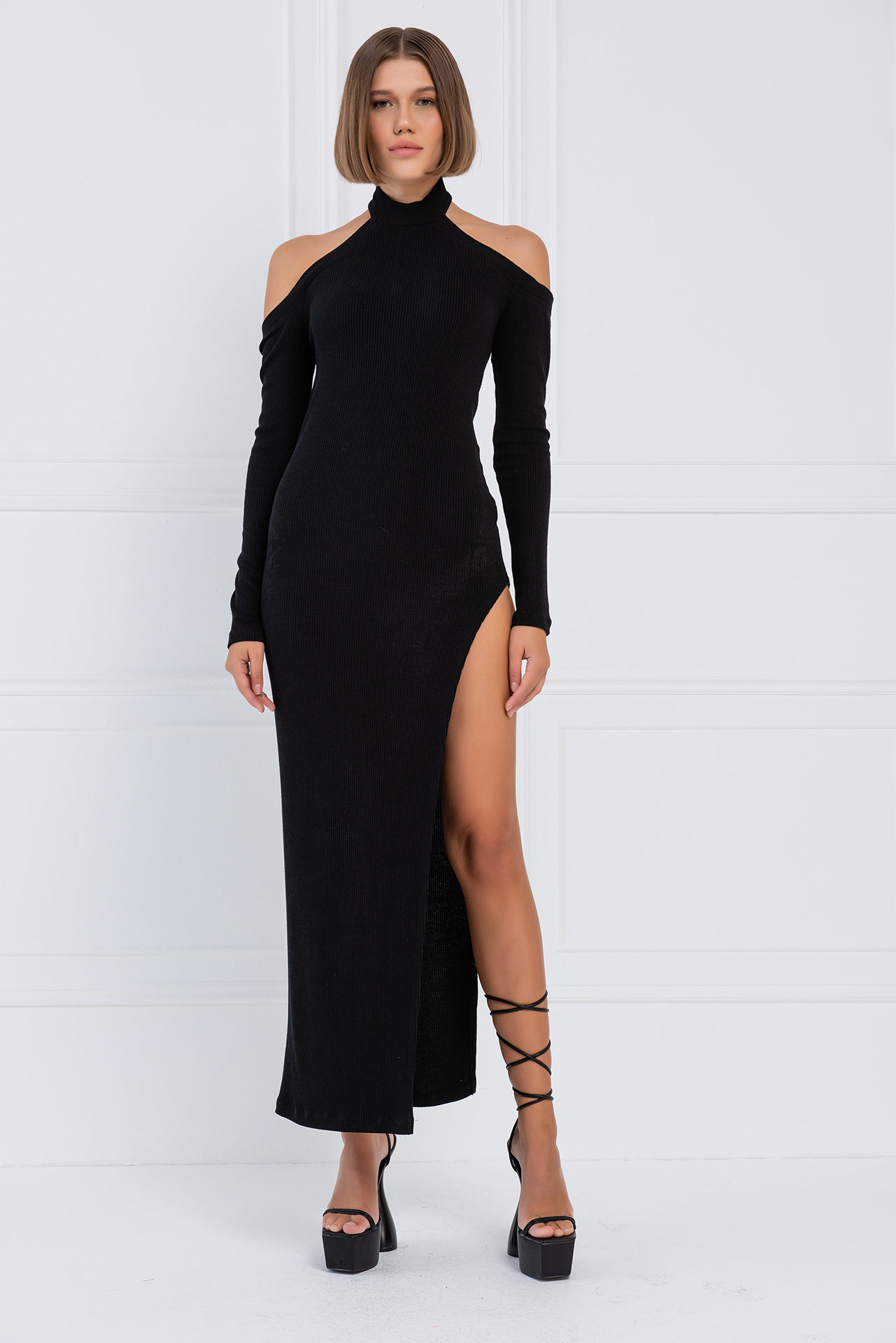 Black Cut Out Shoulder Split-Side Maxi Dress