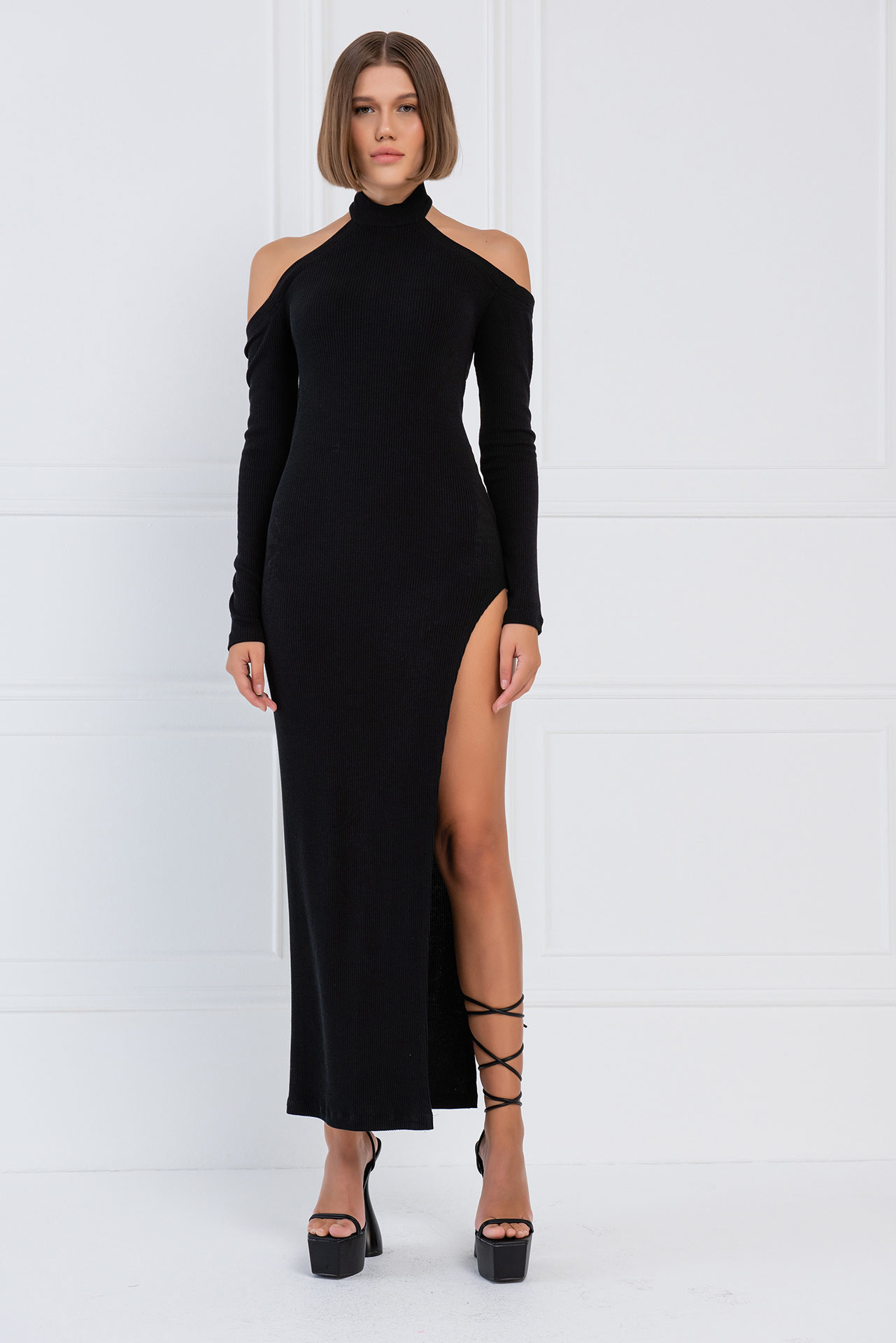 оптовая черный Cut Out Shoulder Split-Side Maxi Dress