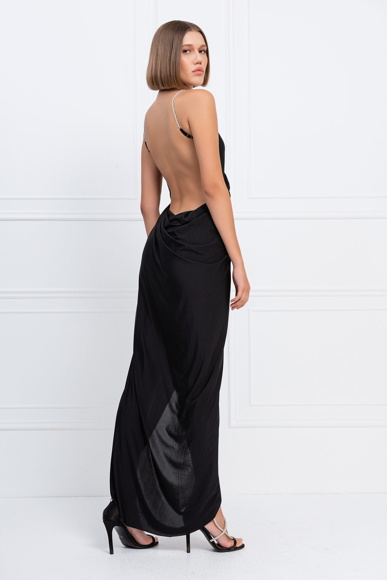 оптовая черный Backless Wrap Maxi Dress