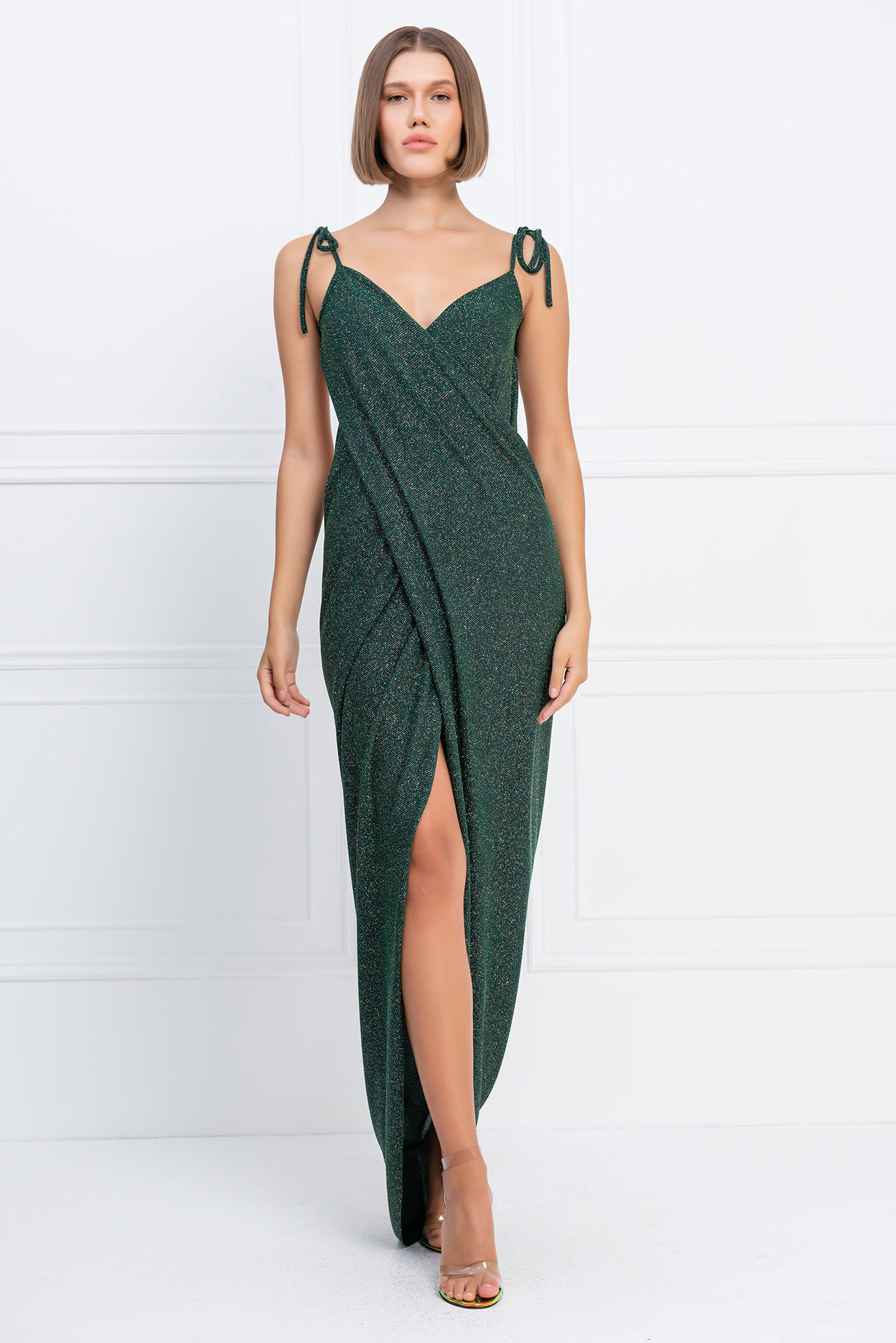 Glittery Dark Green Crossover Cami Dress