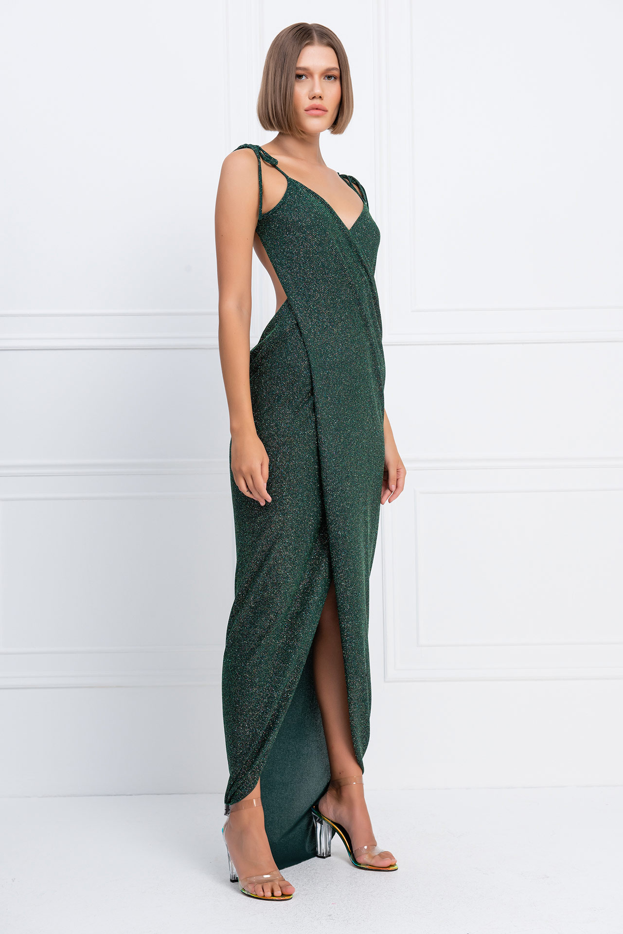Wholesale Glittery Dark Green Crossover Cami Dress