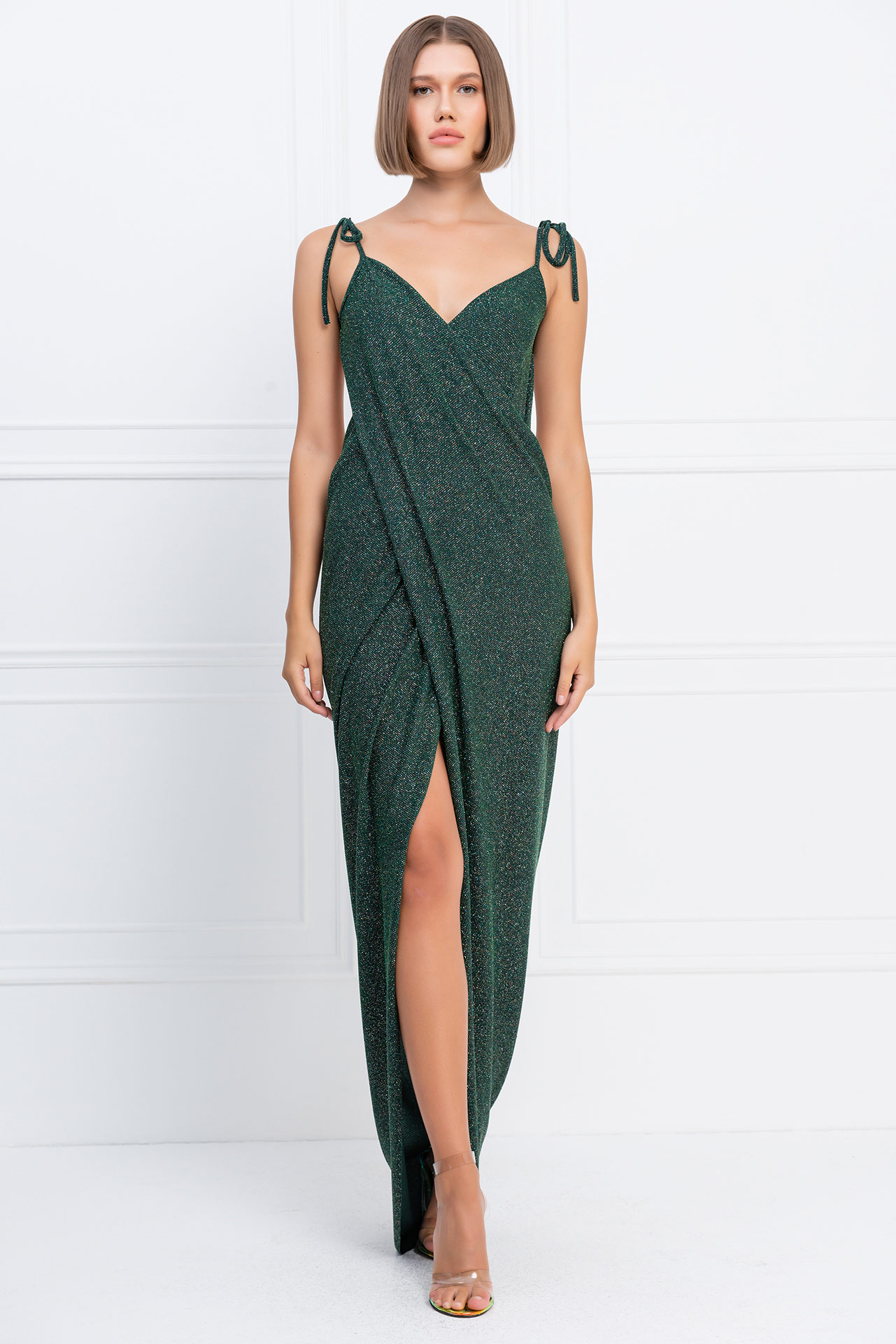 Glittery Dark Green Crossover Cami Dress