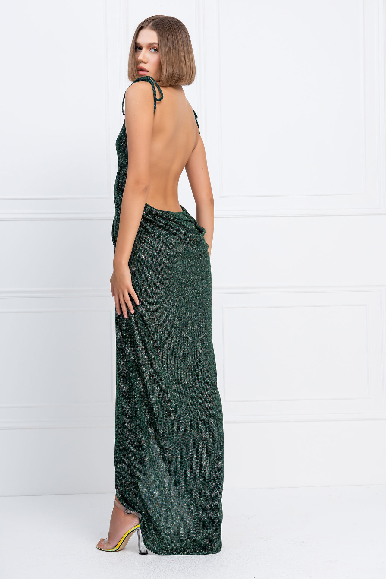 Wholesale Glittery Dark Green Crossover Cami Dress