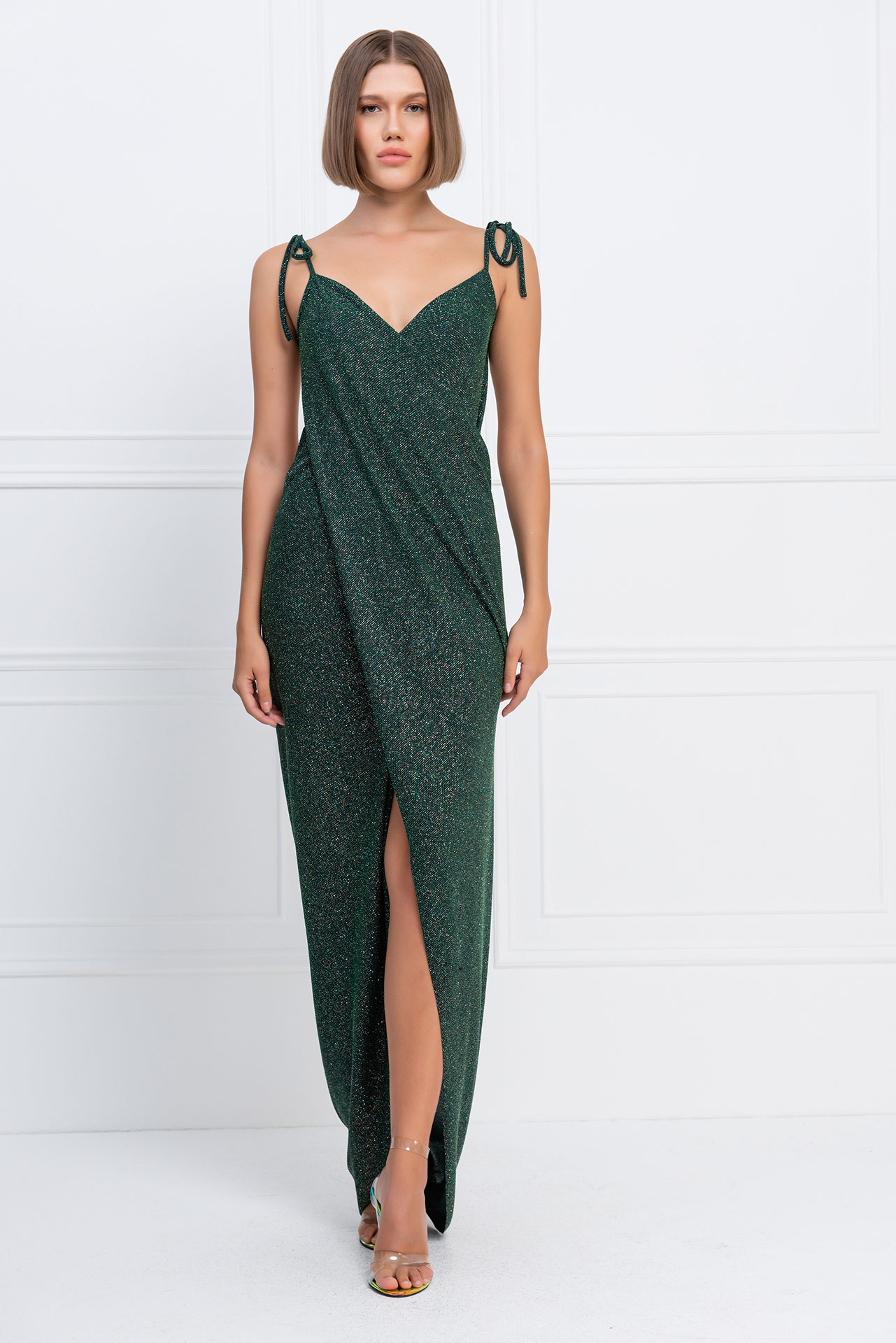 оптовая Glittery Dark Green Crossover Cami Dress