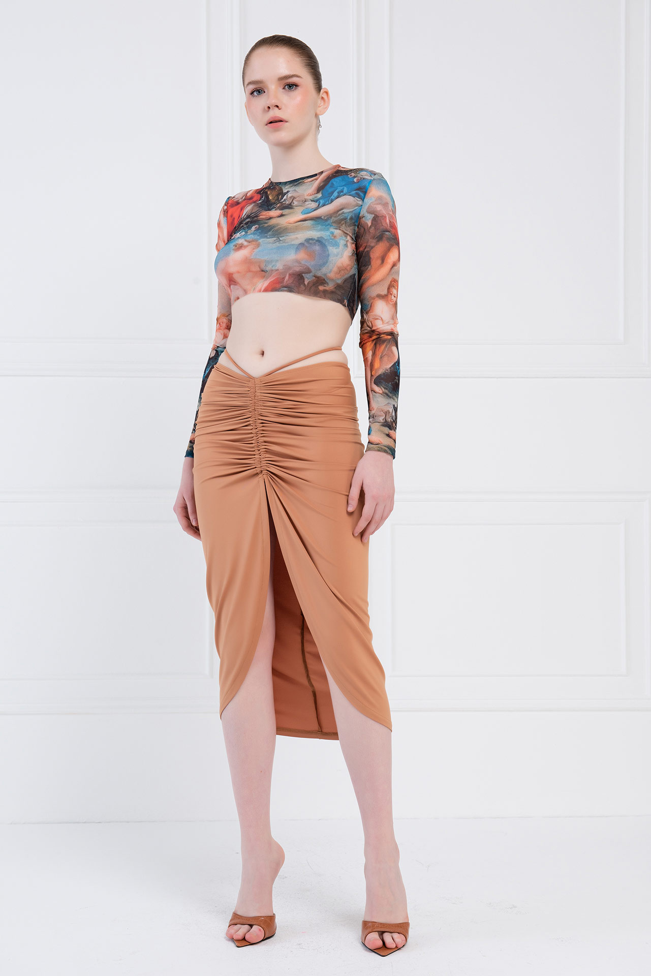 Mocha Split-Front Ruched Skirt