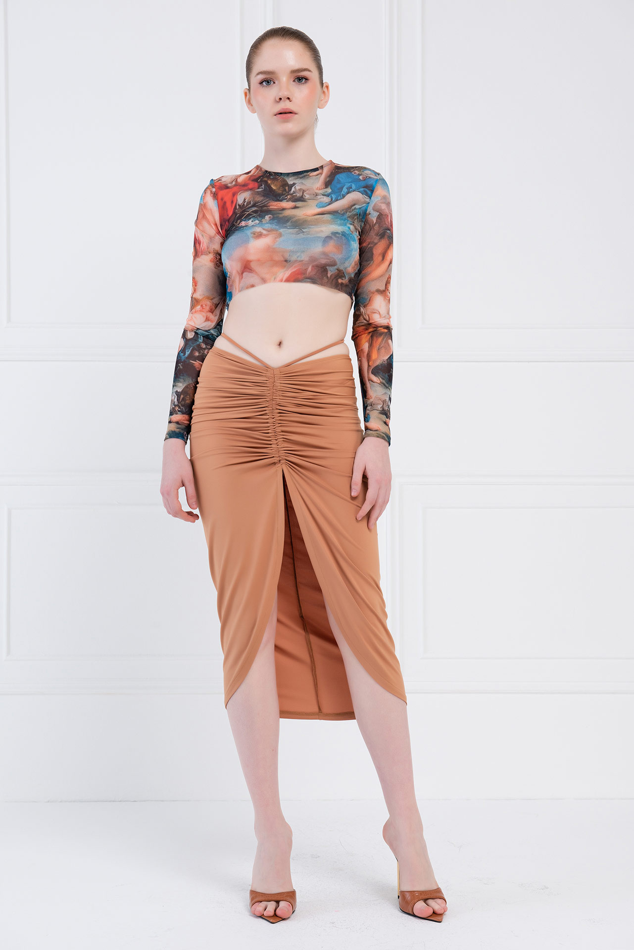 Wholesale Mocha Split-Front Ruched Skirt