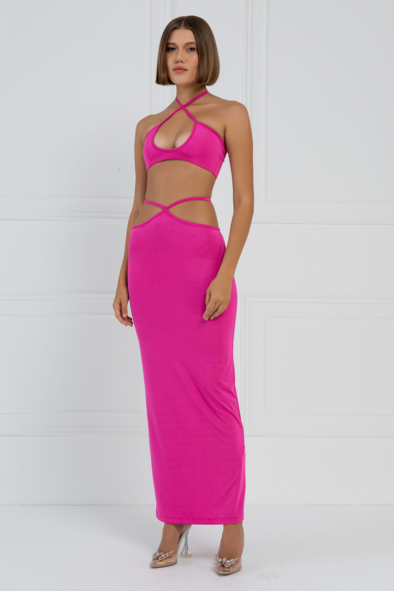 Wholesale New Fuschia Strappy Crop Cami & Maxi Skirt Set
