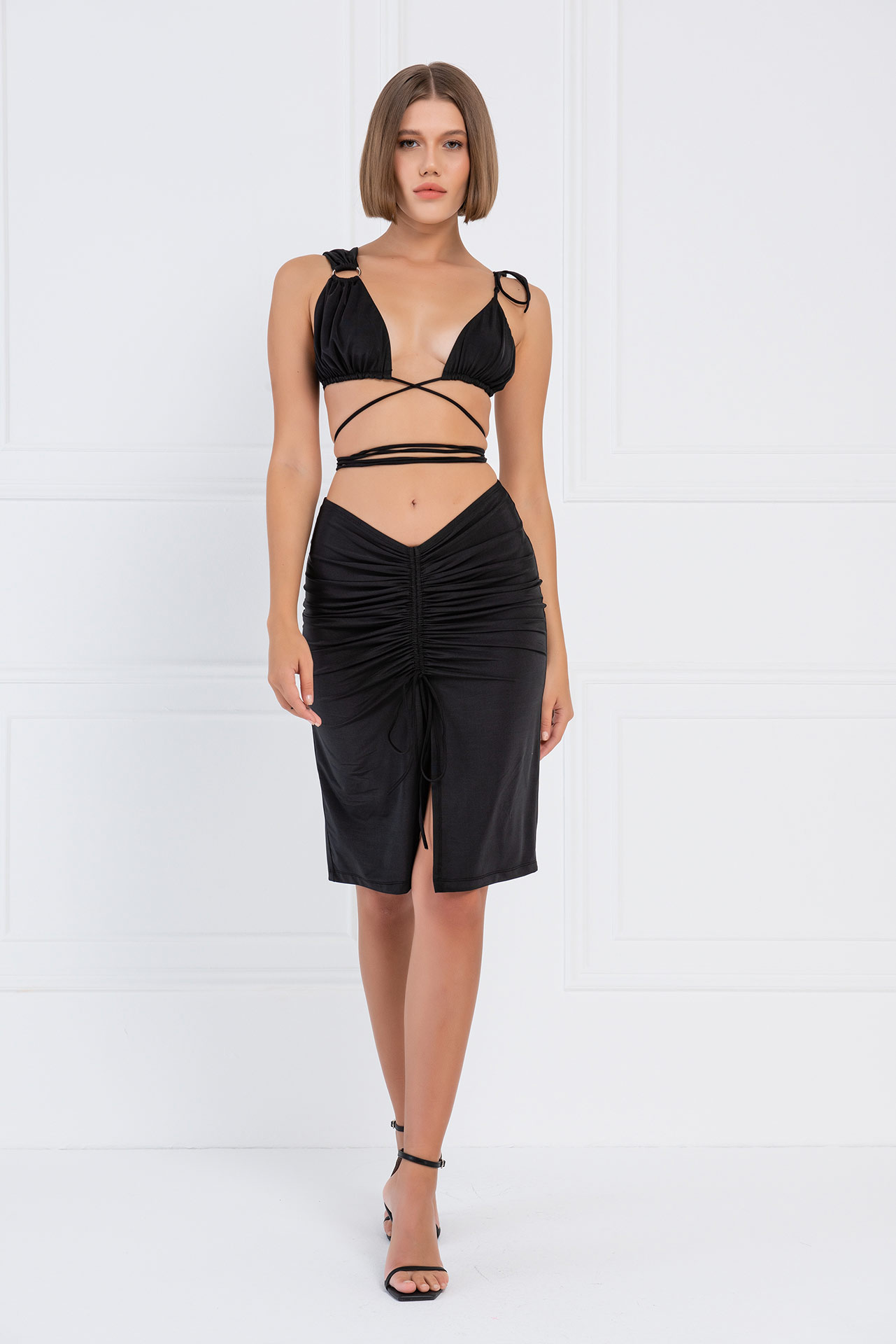 Black Strappy Crop Cami & Midi Skirt Set