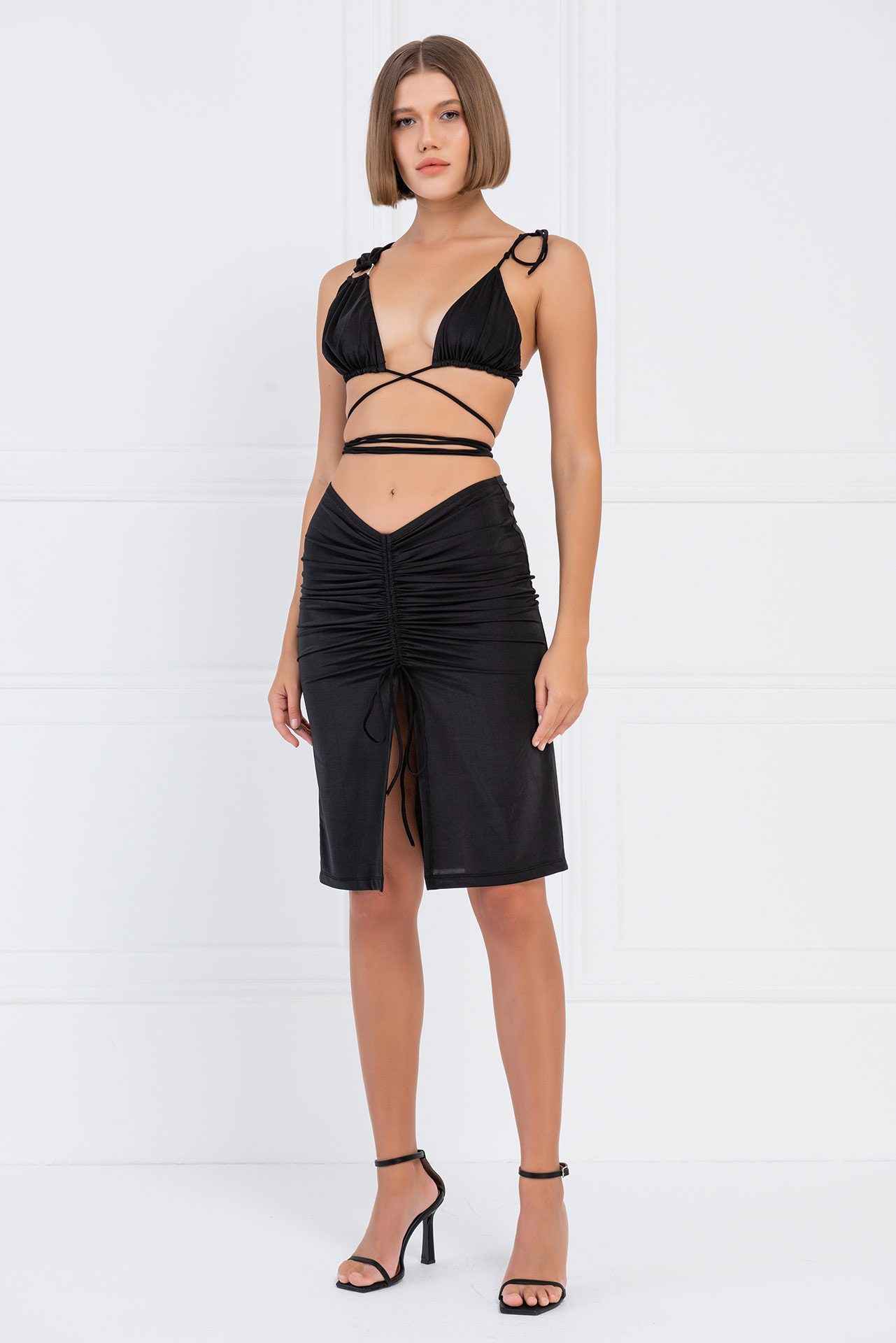 Wholesale Black Strappy Crop Cami & Midi Skirt Set