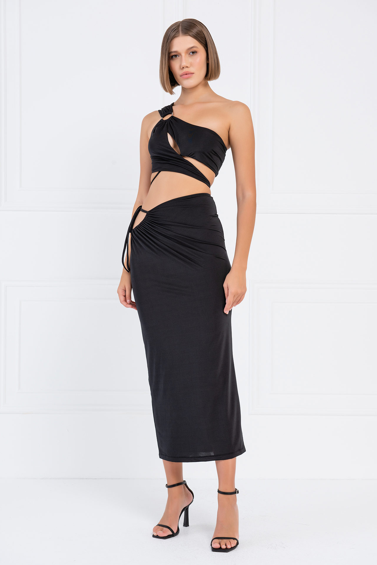оптовая черный One-Shoulder Crop Top & Skirt Set