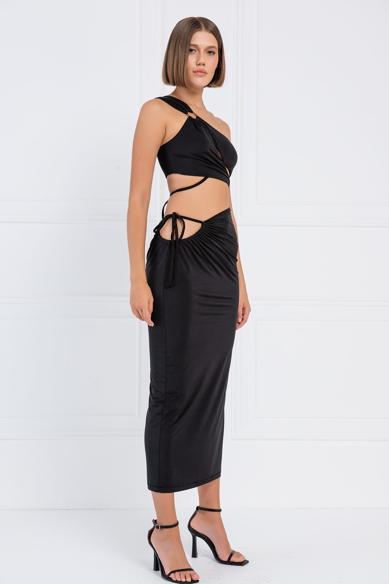 черный One-Shoulder Crop Top & Skirt Set