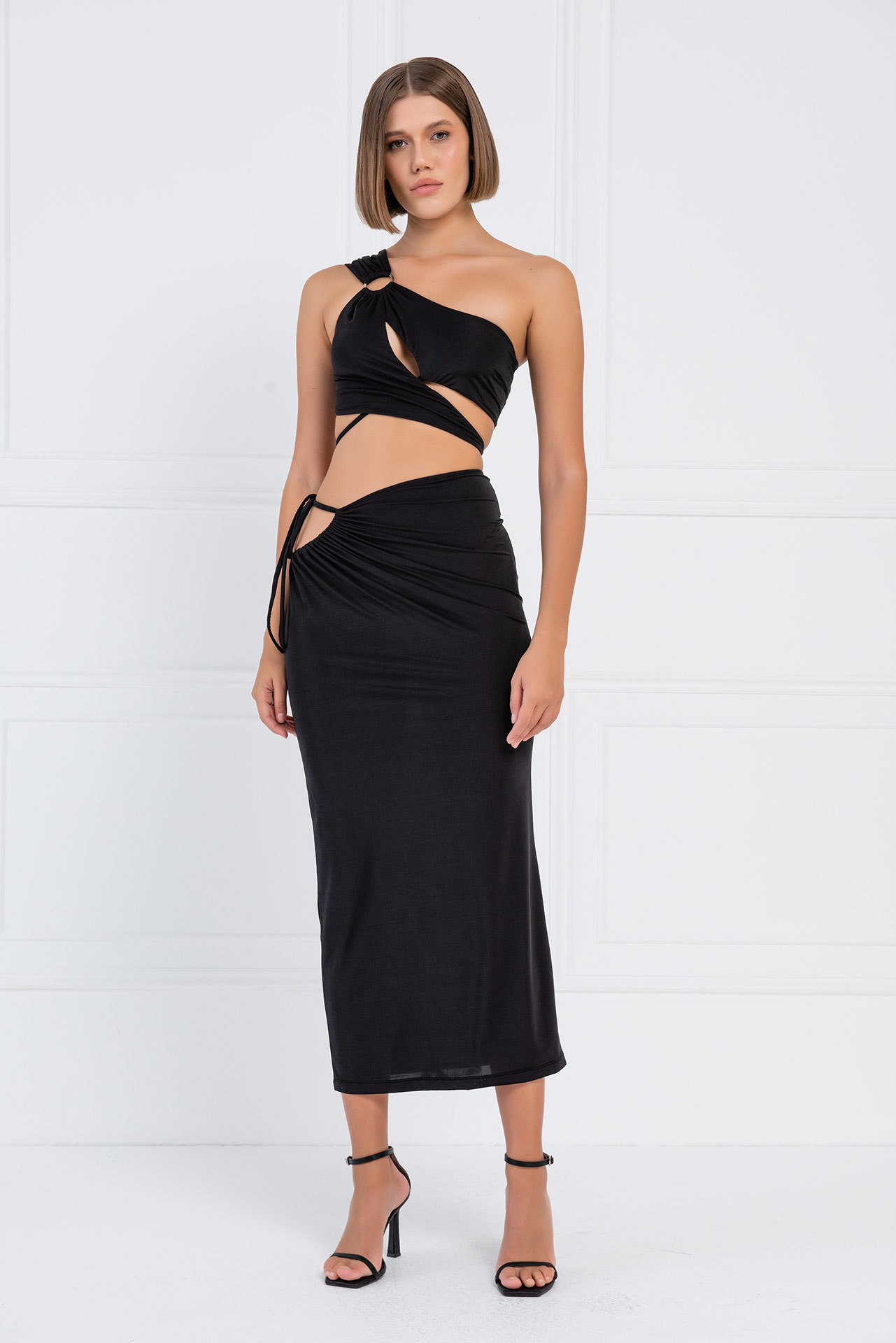 оптовая черный One-Shoulder Crop Top & Skirt Set