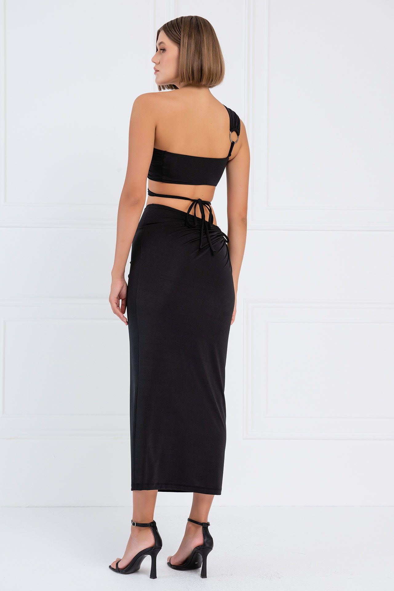 Black One-Shoulder Crop Top & Skirt Set