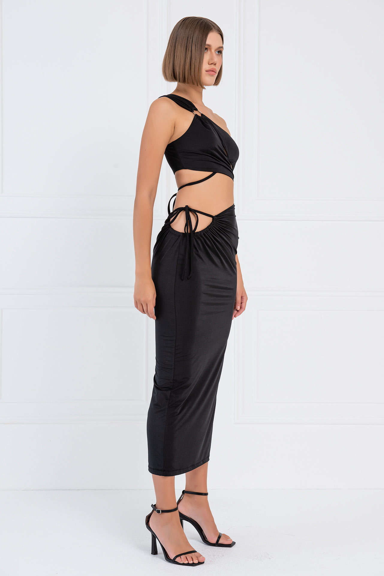Black One-Shoulder Crop Top & Skirt Set