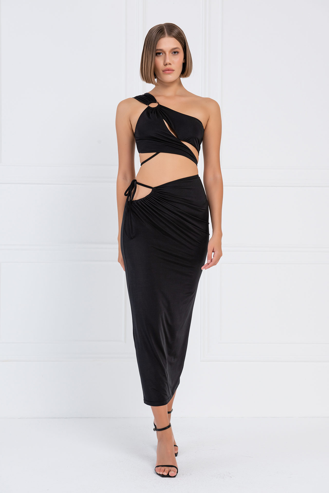 черный One-Shoulder Crop Top & Skirt Set