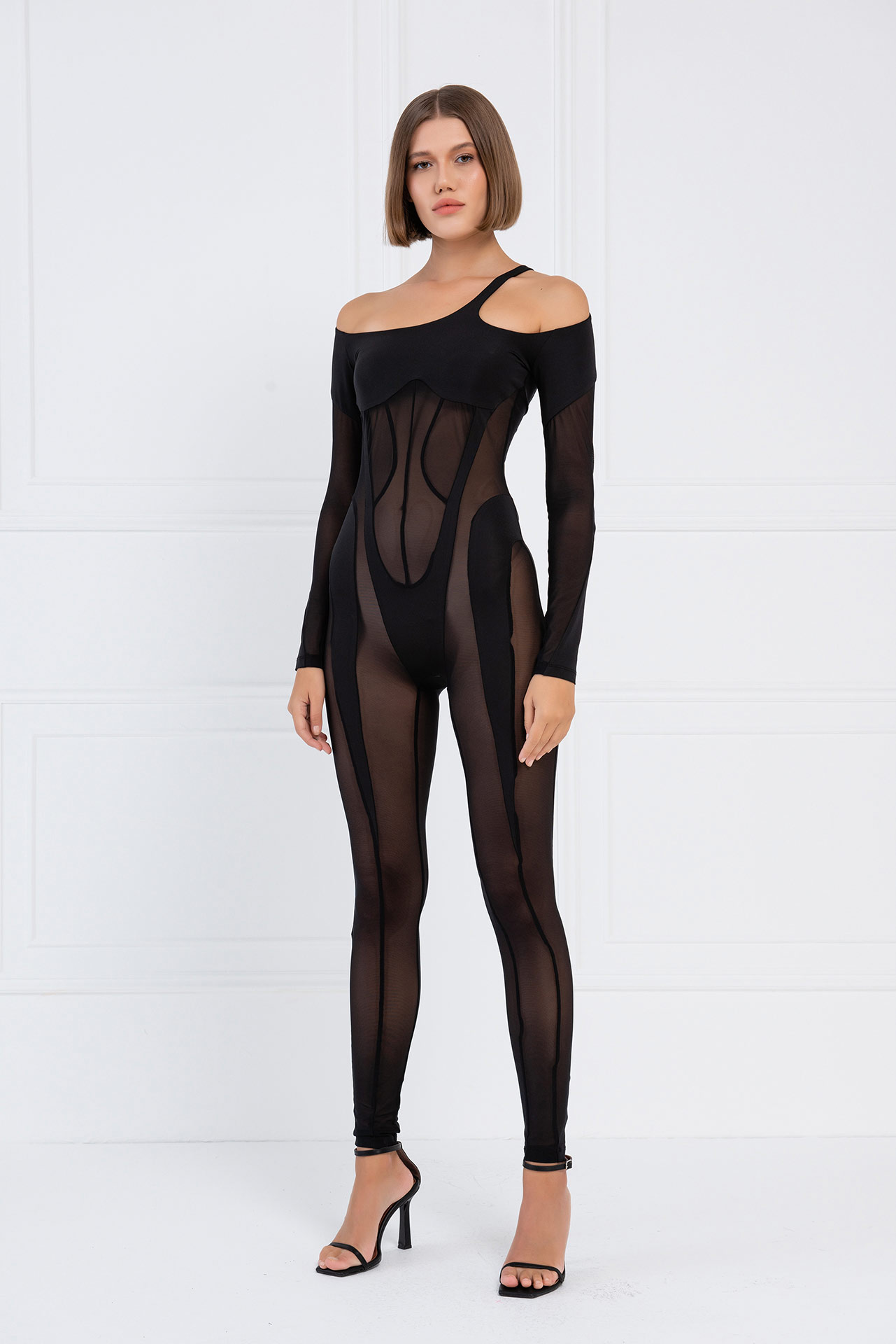 Sheer Black Cut Out Shoulder Catsuit