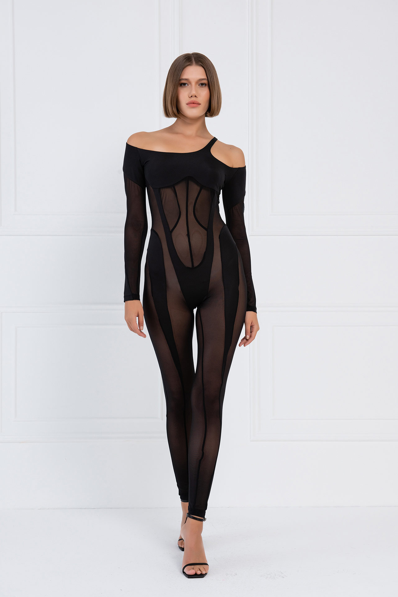 Sheer Black Cut Out Shoulder Catsuit