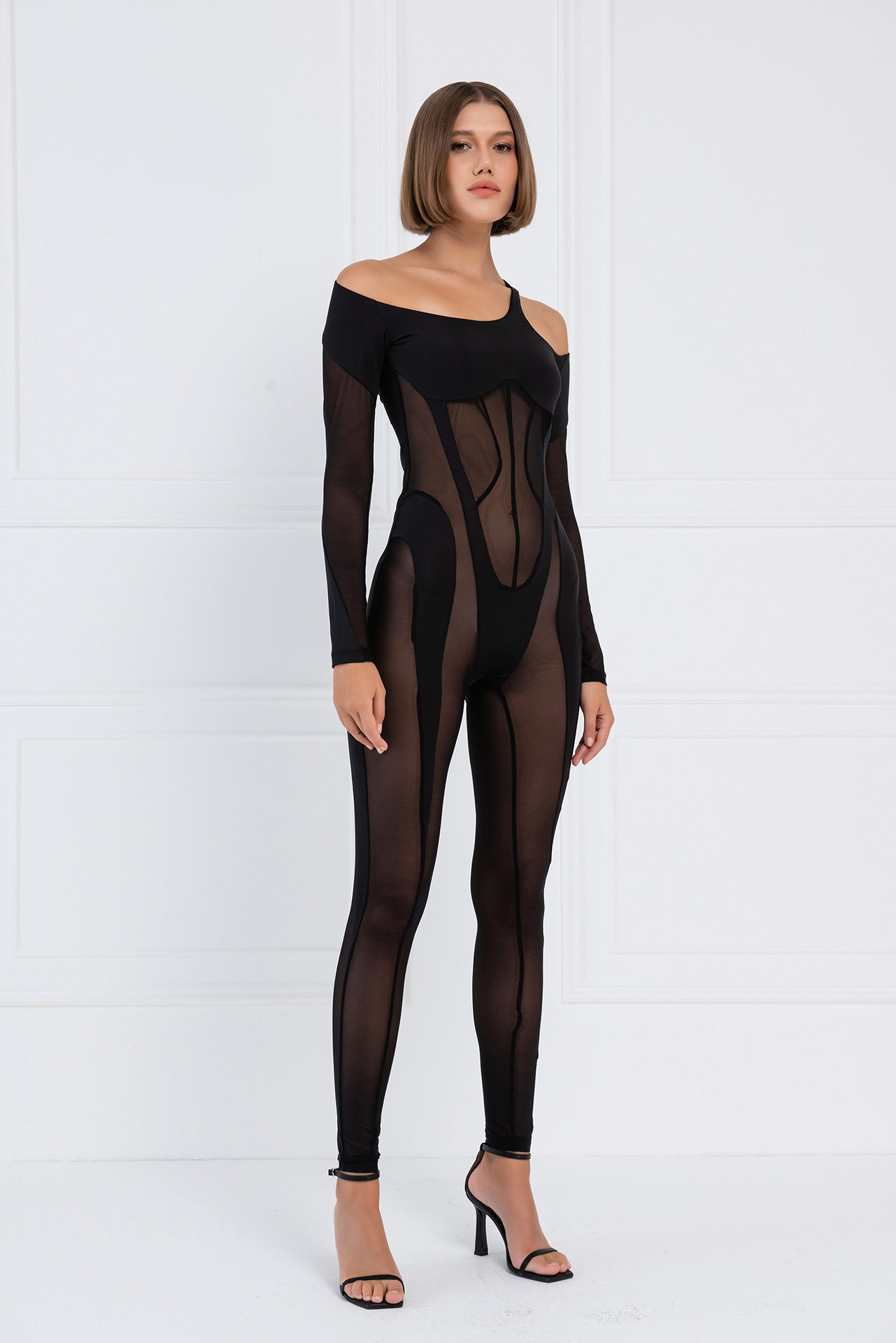 Sheer Black Cut Out Shoulder Catsuit