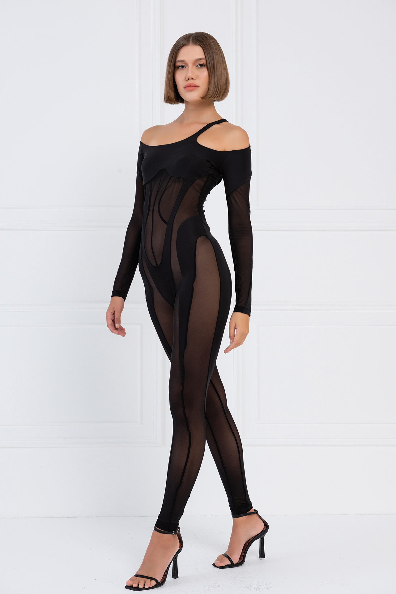 Sheer Black Cut Out Shoulder Catsuit