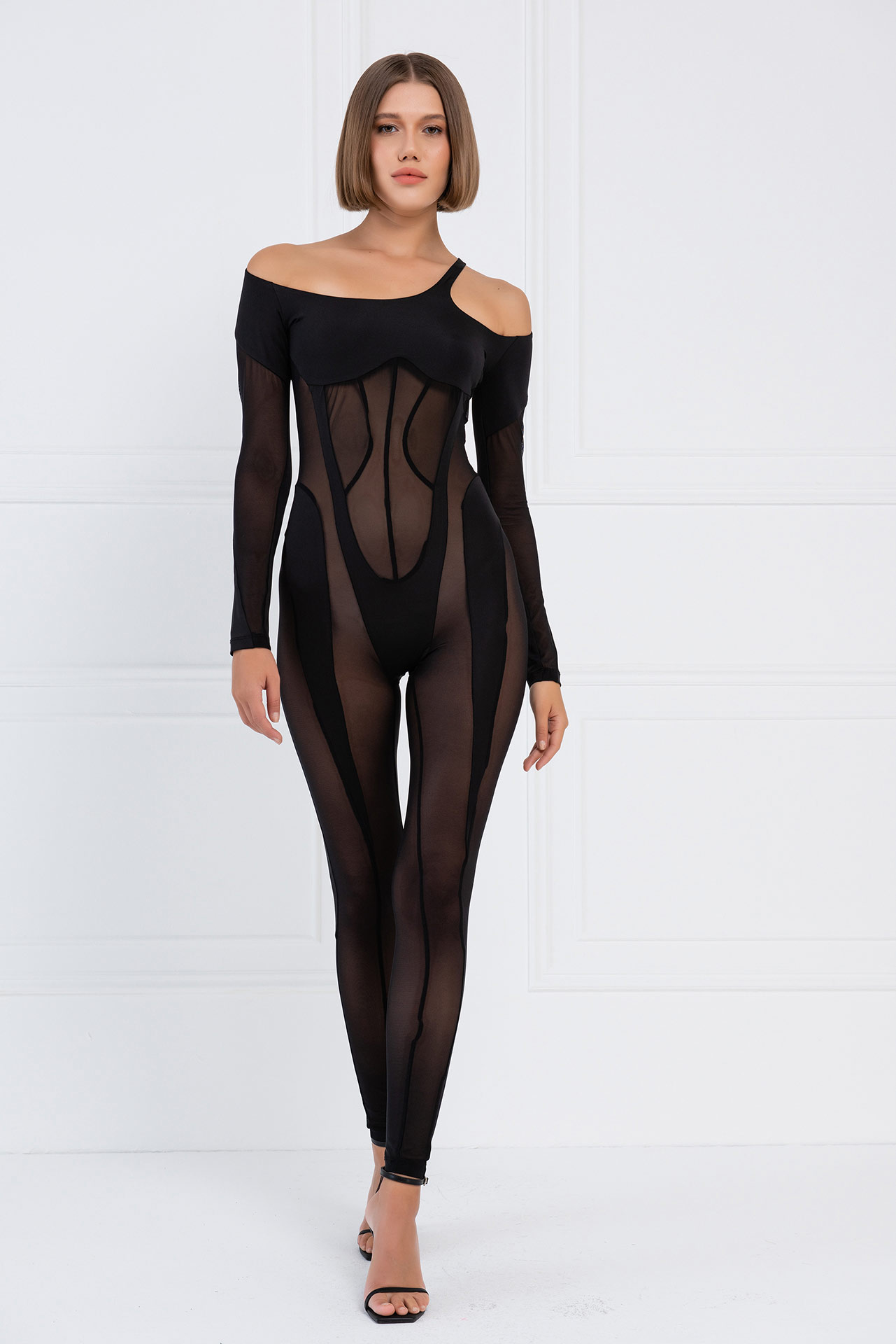 Sheer Black Cut Out Shoulder Catsuit