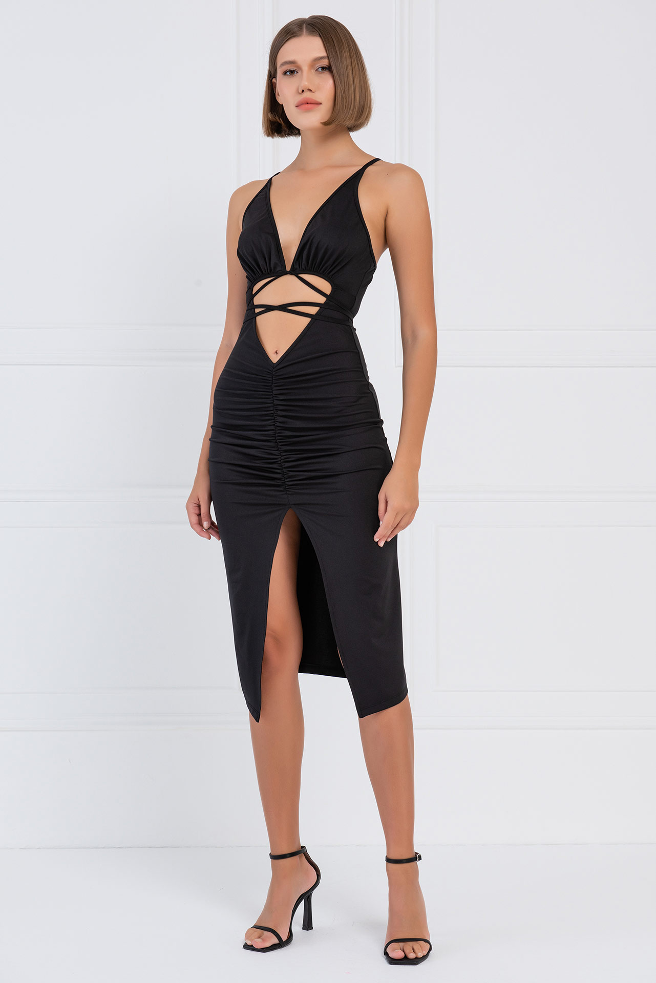 Wholesale Black Cut Out Front Midi Dress
