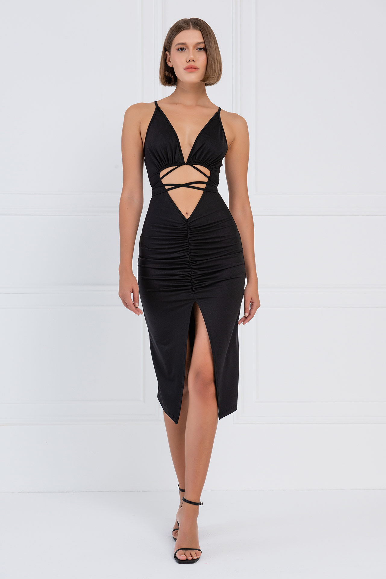 Wholesale Black Cut Out Front Midi Dress