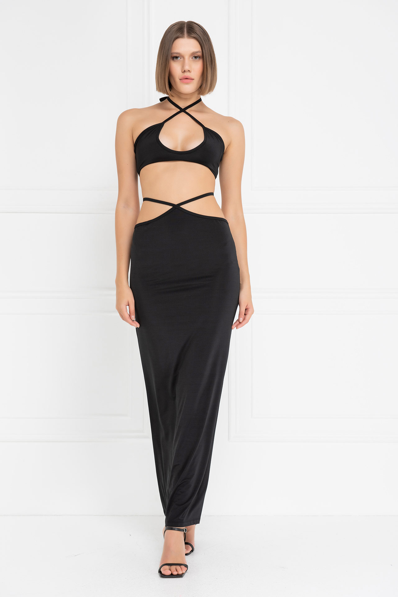 Wholesale Black Strappy Crop Cami & Maxi Skirt Set