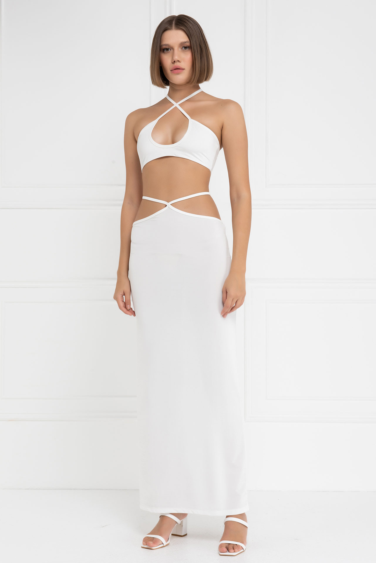 Wholesale Offwhite Strappy Crop Cami & Maxi Skirt Set