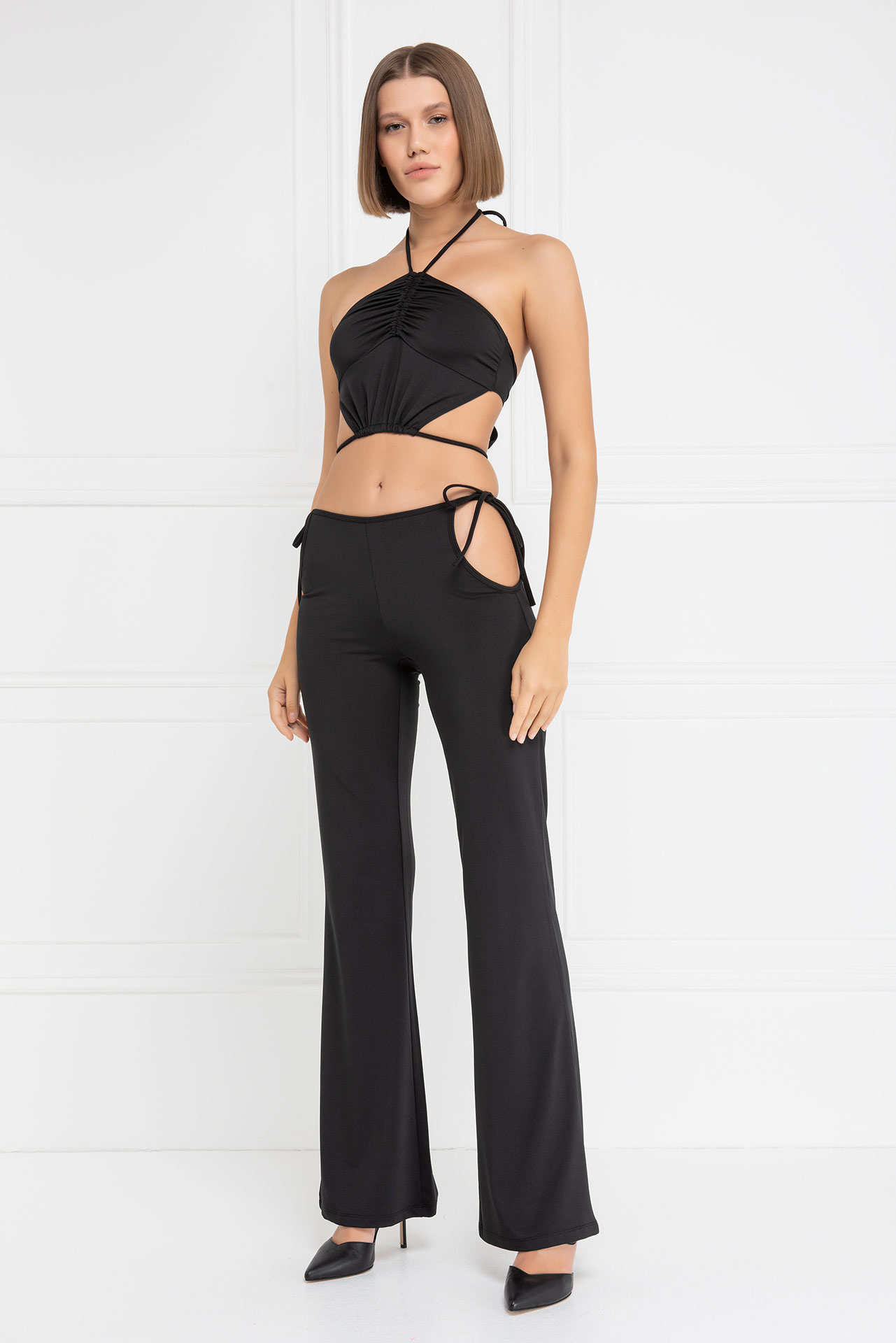 Wholesale Black Strappy Crop Cami & Cut Out Pants Set