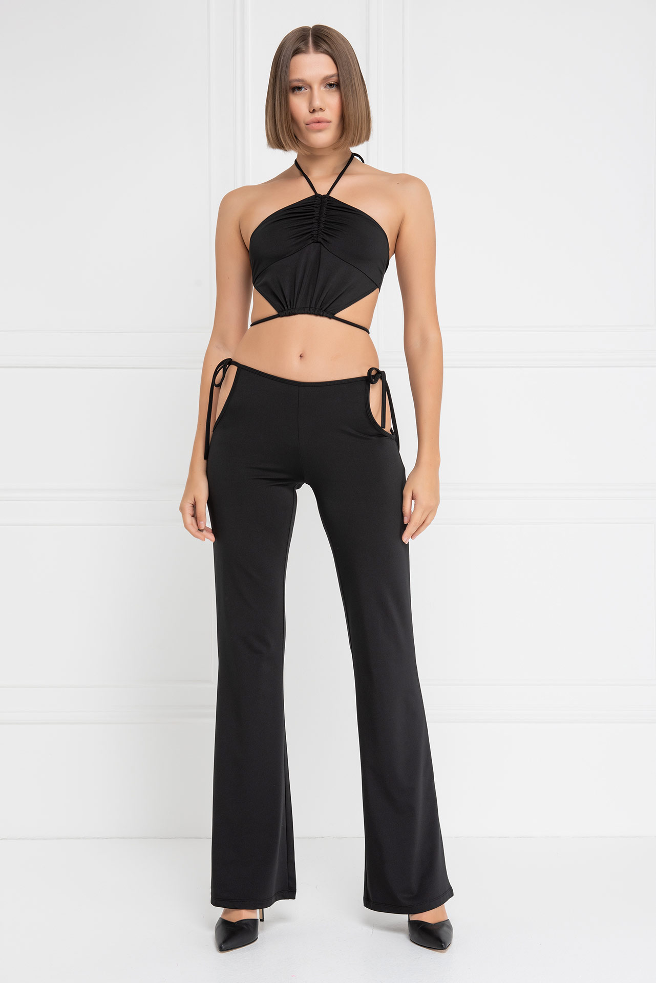 Wholesale Black Strappy Crop Cami & Cut Out Pants Set
