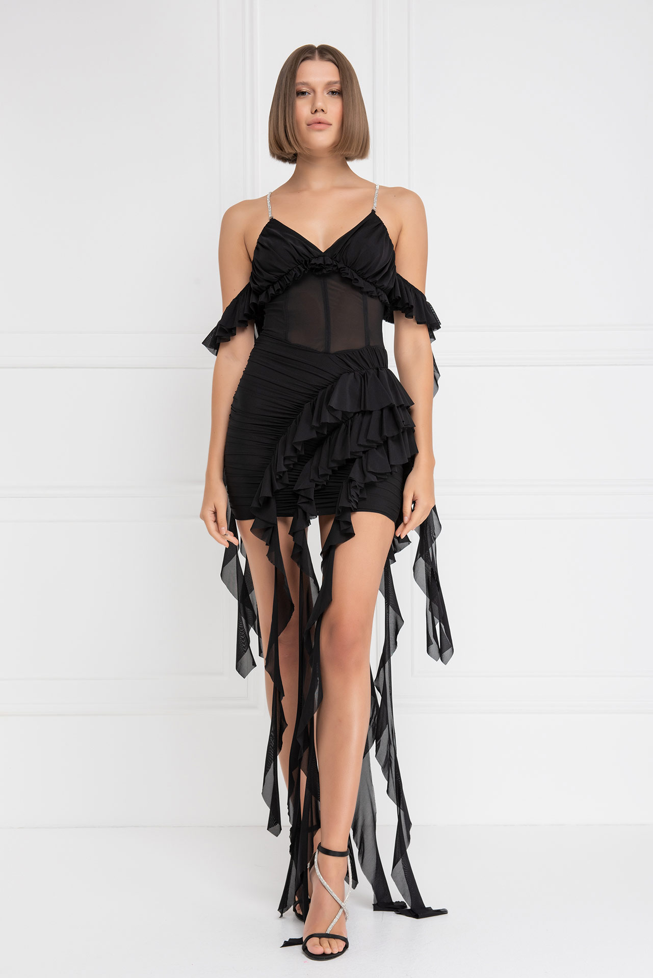 Black Ruffle-Trim Cami Mini Dress