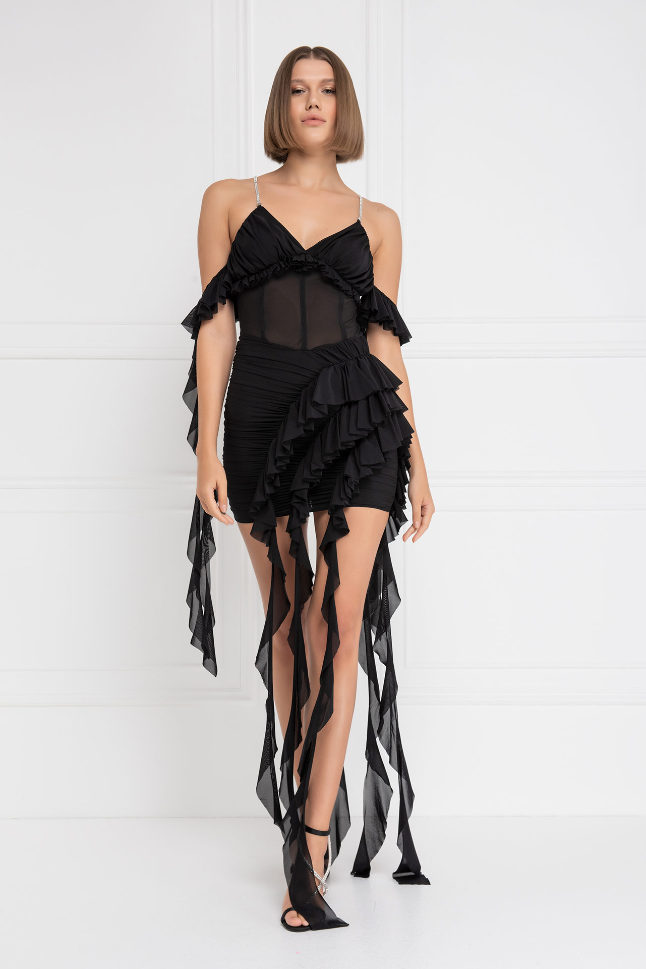 черный Ruffle-Trim Cami Mini Dress