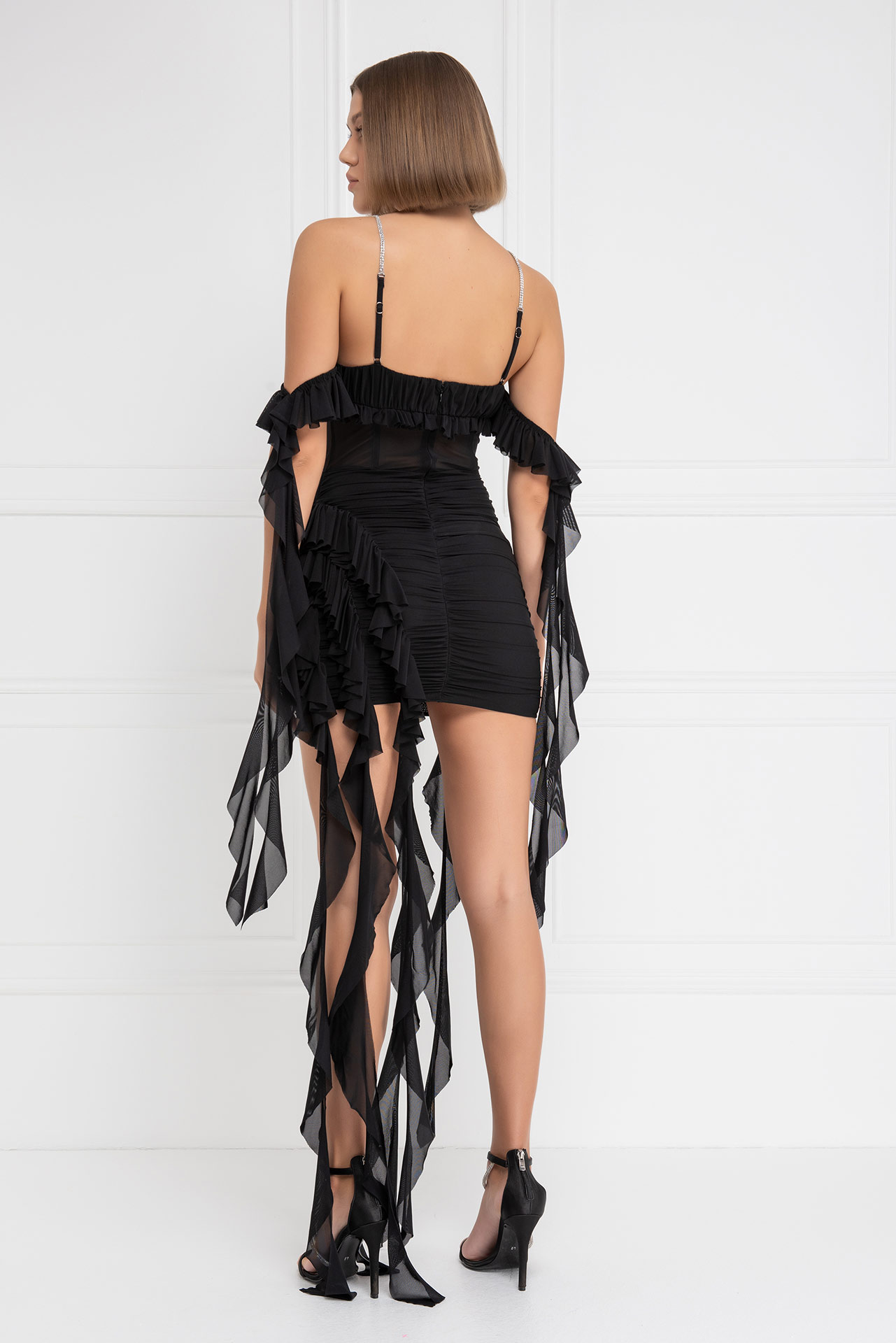 оптовая черный Ruffle-Trim Cami Mini Dress