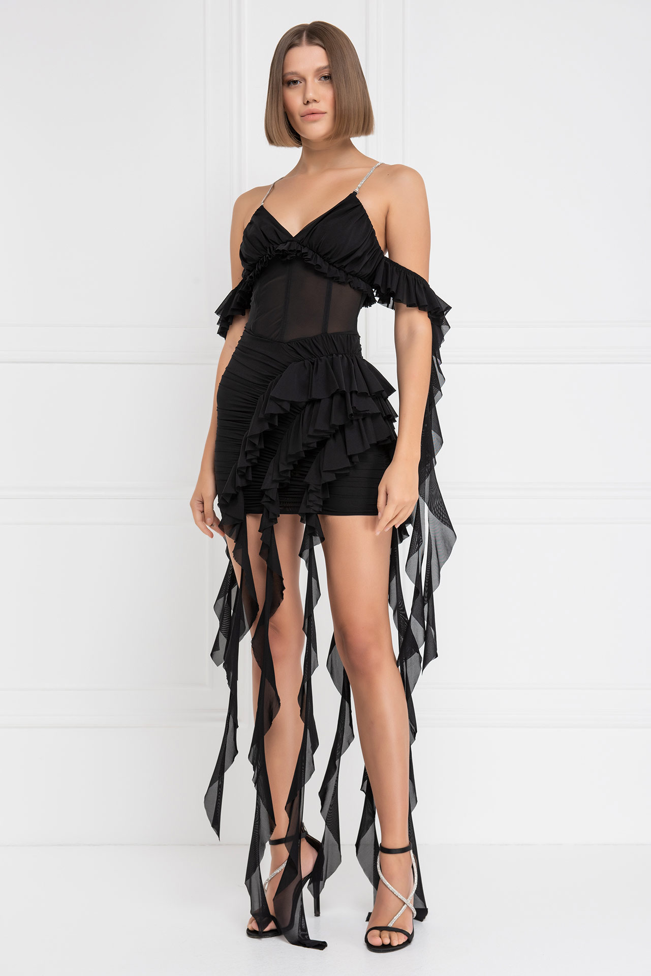 оптовая черный Ruffle-Trim Cami Mini Dress