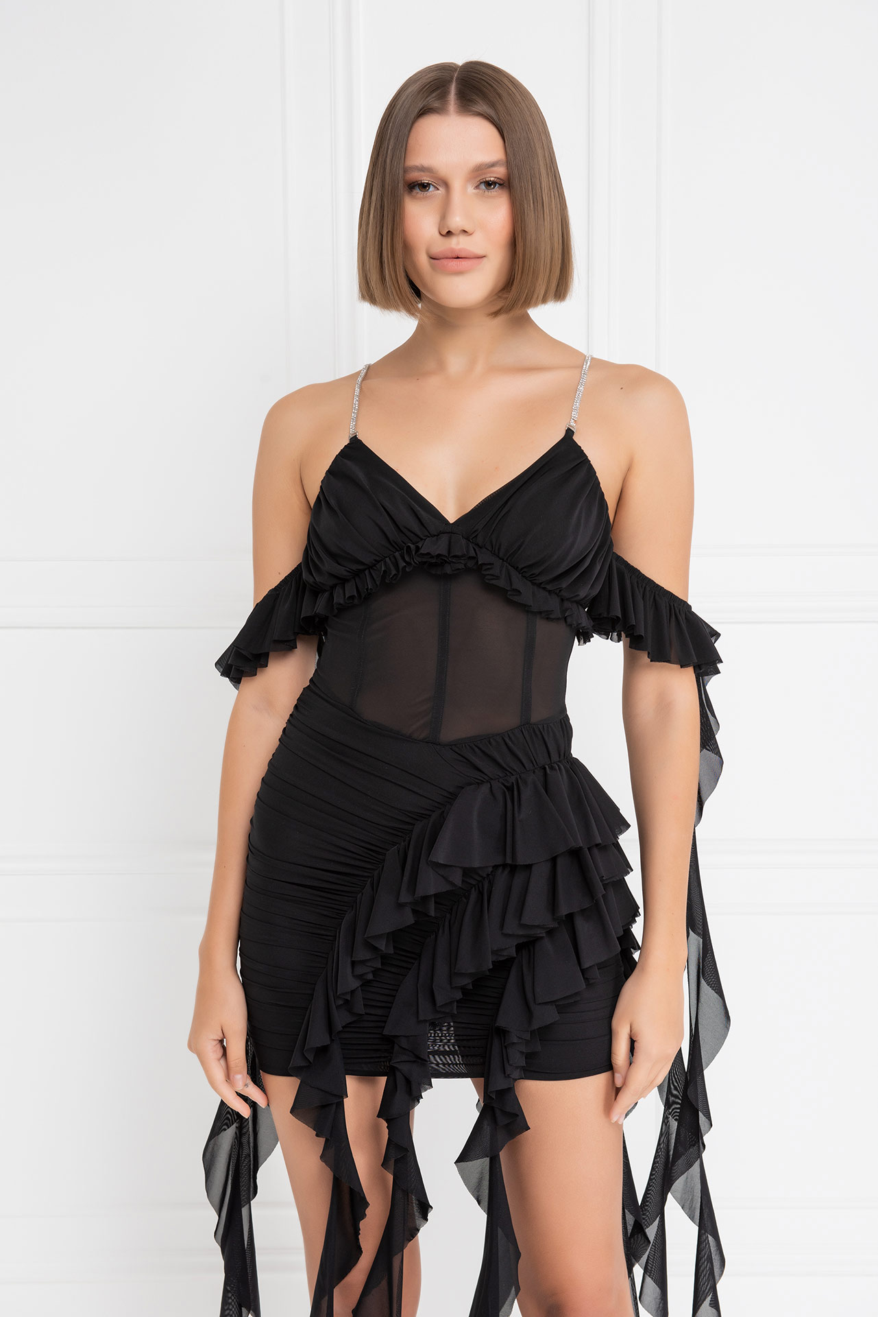 Wholesale Black Ruffle-Trim Cami Mini Dress