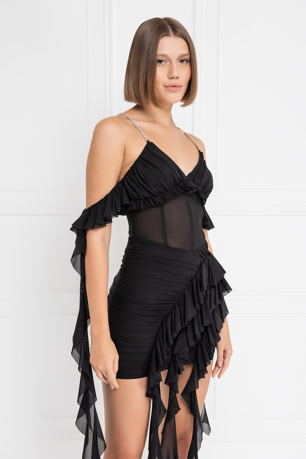 Wholesale Black Ruffle-Trim Cami Mini Dress