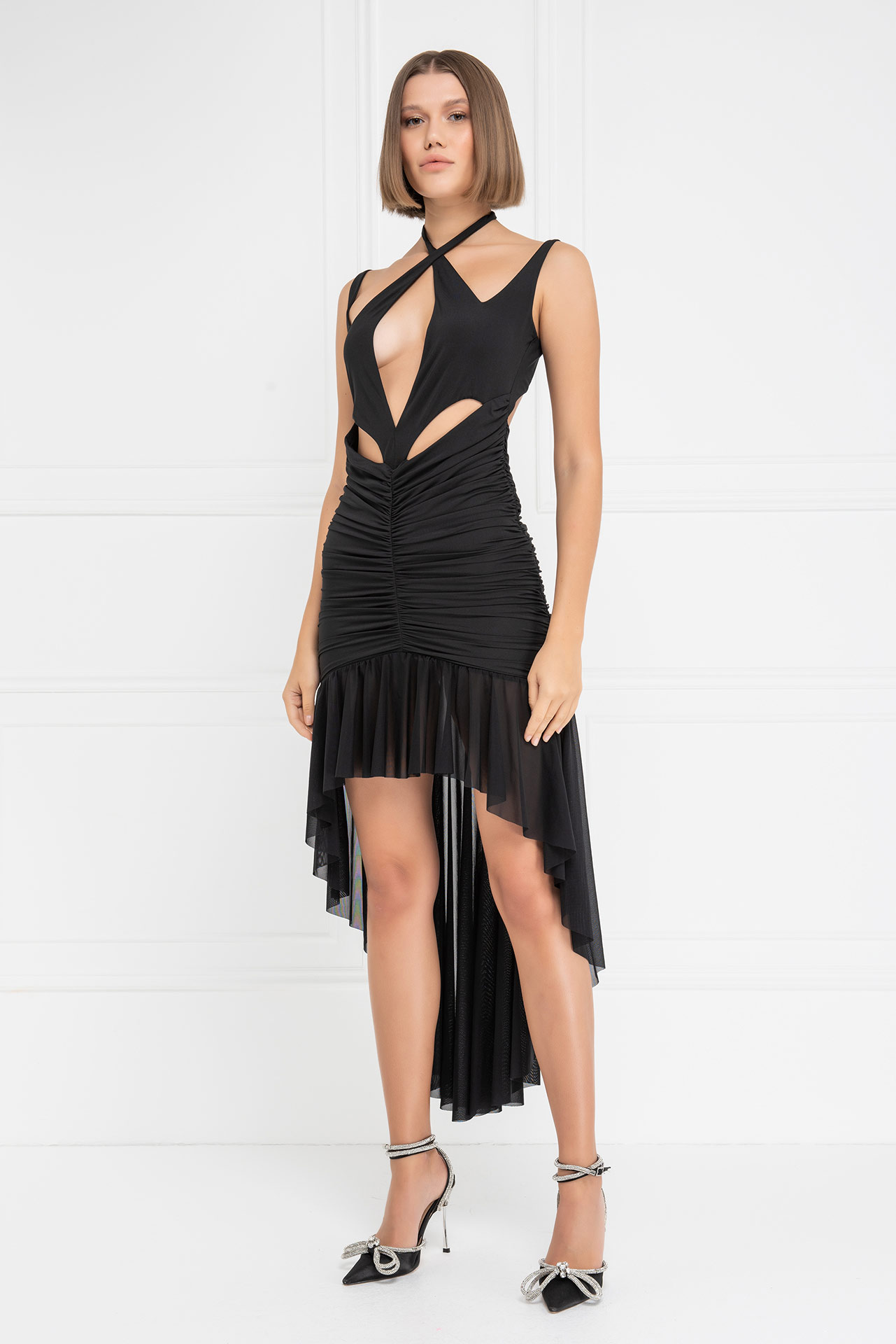 Black Cut Out Front Ruffled Dress