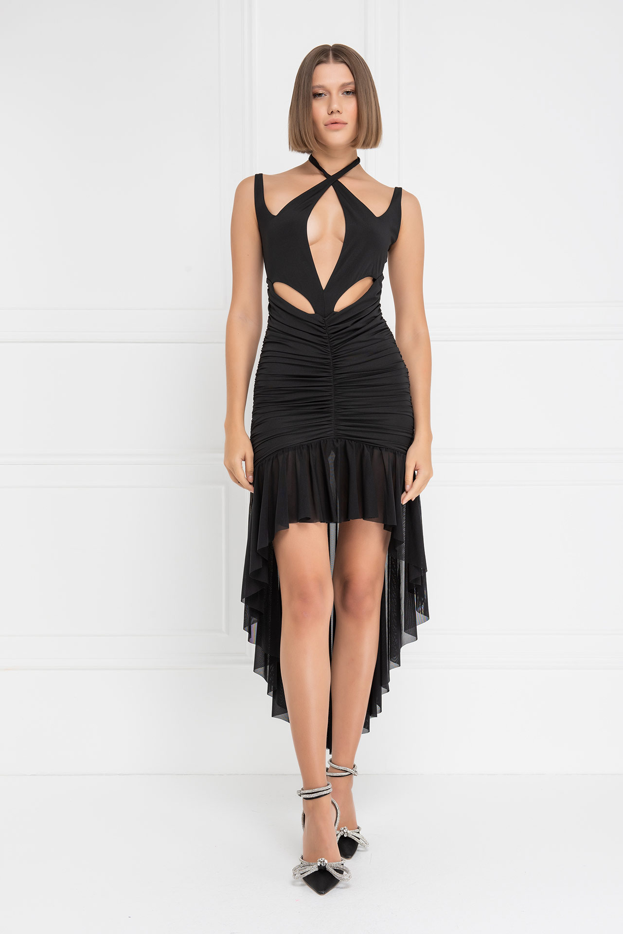Wholesale Black Cut Out Front Ruffled Dress