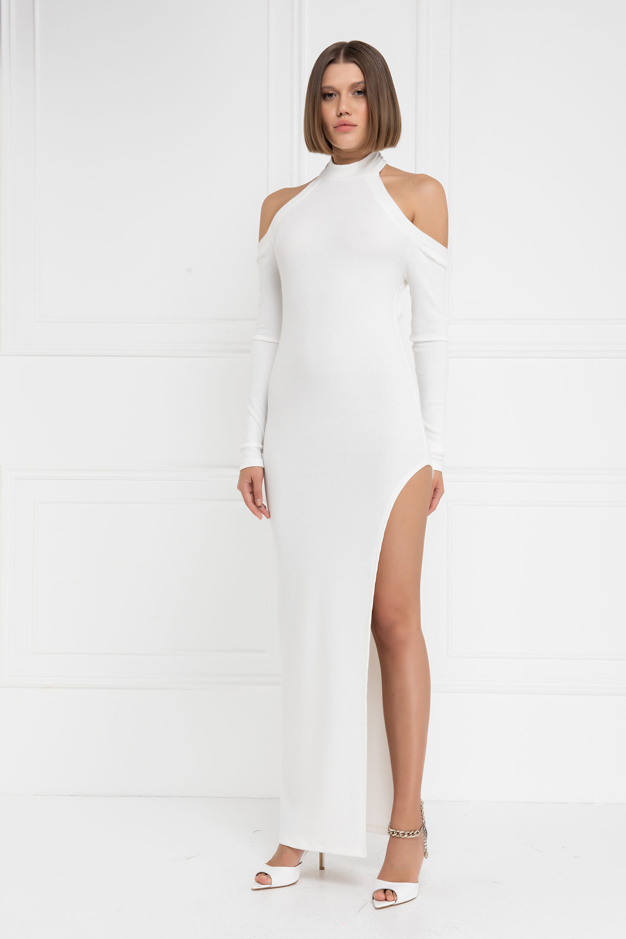 Wholesale Offwhite Cut Out Shoulder Split-Side Maxi Dress