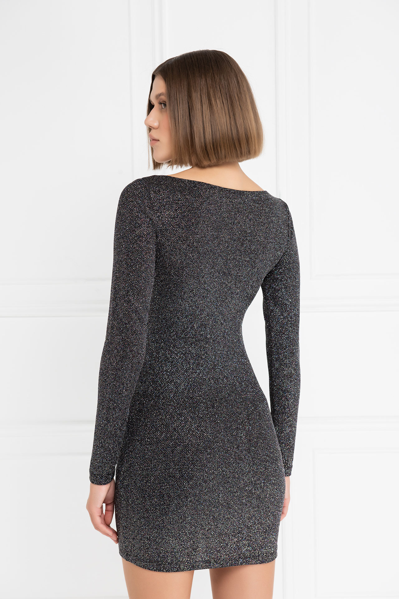 Wholesale Glittery Black-Silver Cut Out Front Mini Dress